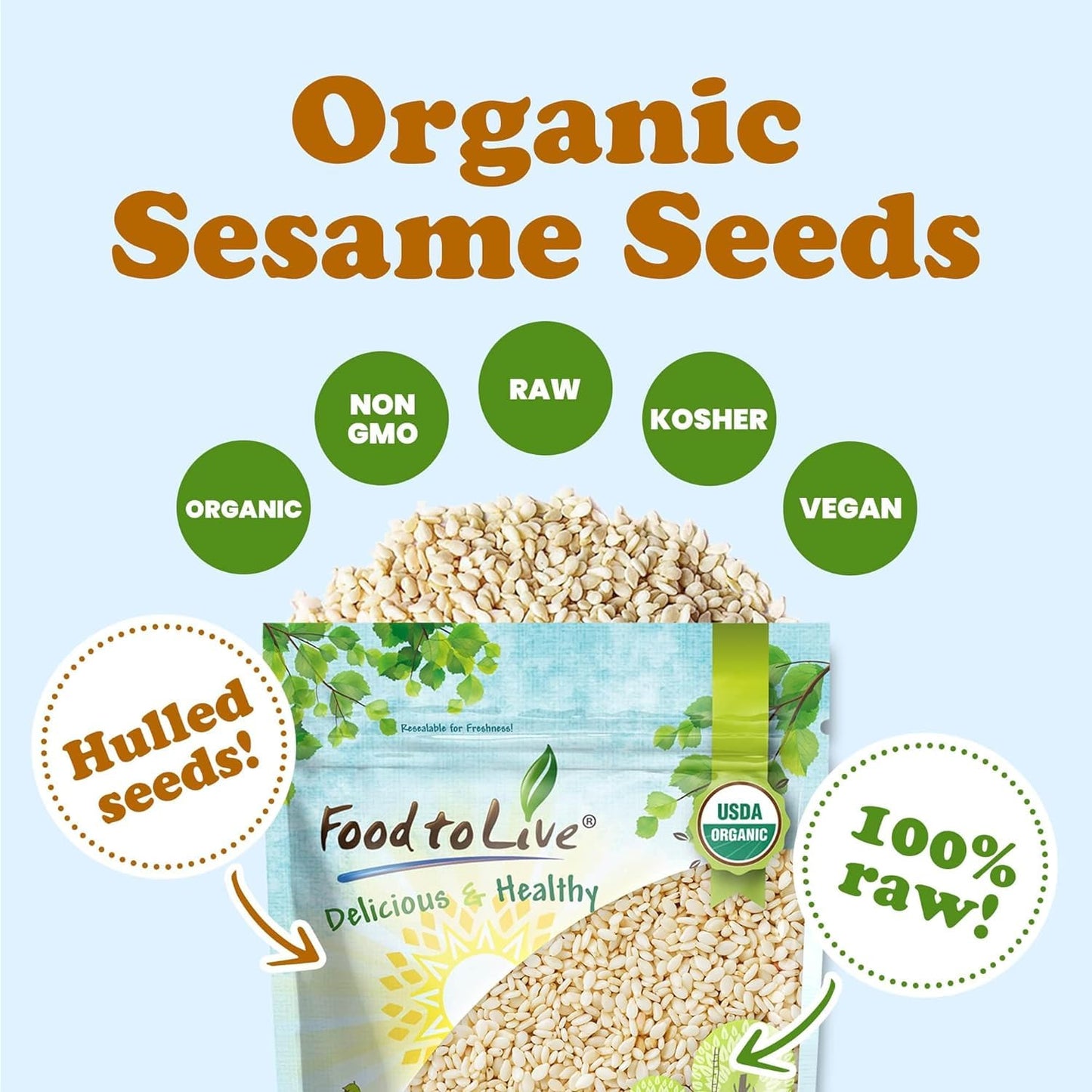 Food to Live Organic Hulled Sesame Seeds, 6 Pounds - Whole Raw White Sesame Seeds, Non-GMO, Kosher, Vegan, Unroasted, Bulk. High in Iron, and Calcium