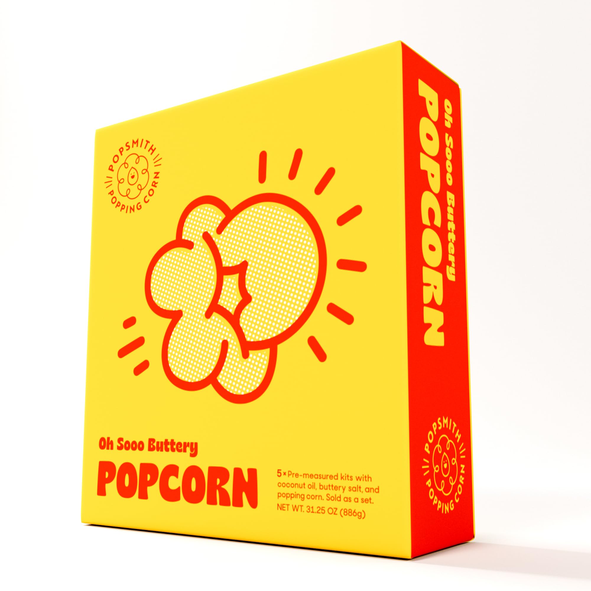 Popsmith Popcorn Pre-Measured Kits - Five 4-oz Buttery Popcorn Kits with Butter Flavored Coconut Oil & Buttery Salt. Authentic Movie Theater Flavor.