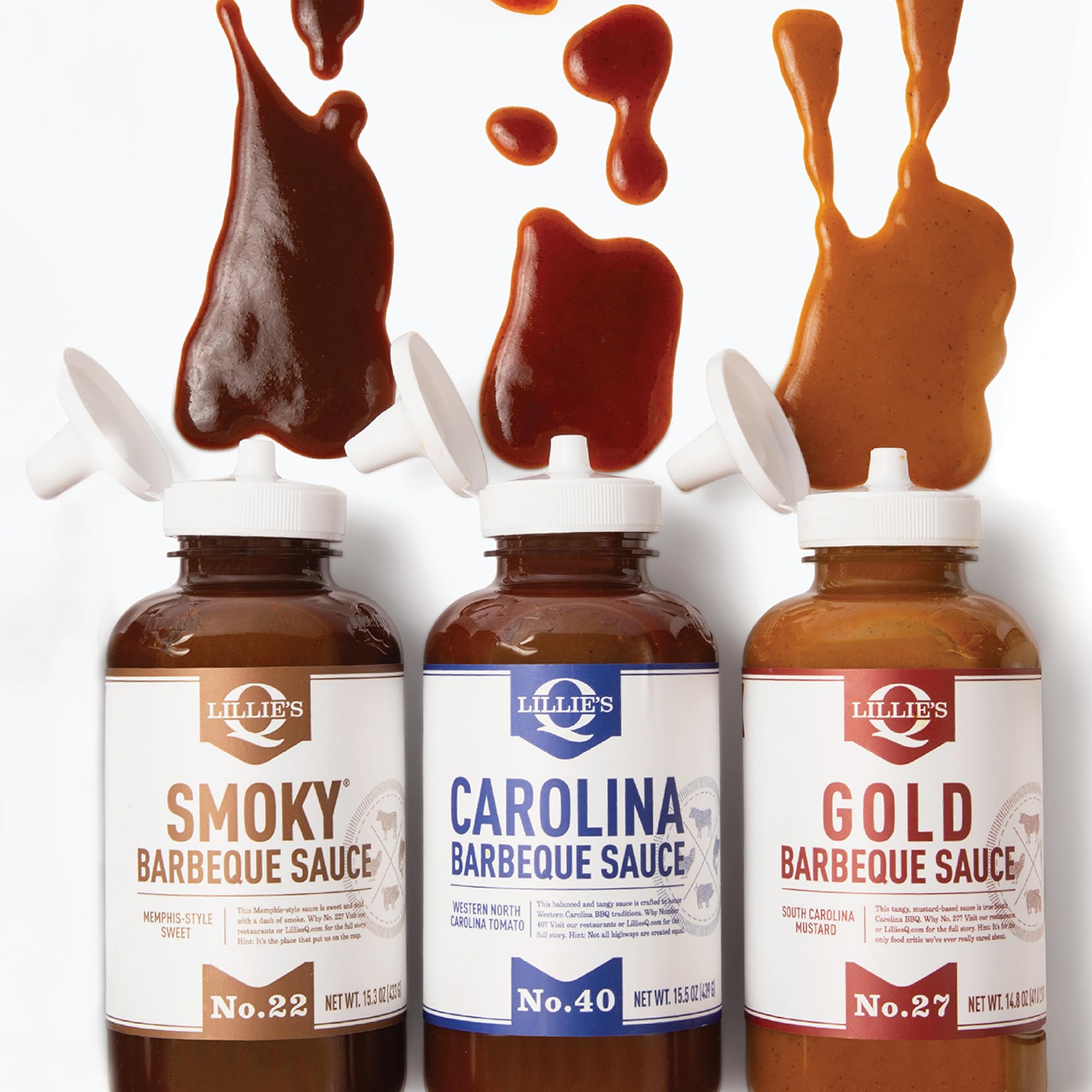 Lillie's Q - Smoky (15.3oz), Gold (14.8oz) & Carolina BBQ (15.5oz) Sauce Combo, Gourmet Mustard, Sweet & Vinegar Based BBQ (3-pack)