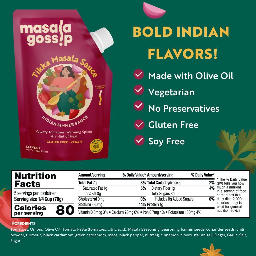 Masala Gossip Tikka Masala Simmer Sauce 10 oz - Authentic Curry Sauce - Plant-Based, Gluten-Free, Seed Oil Free, No Artificial Preservatives - 10 oz