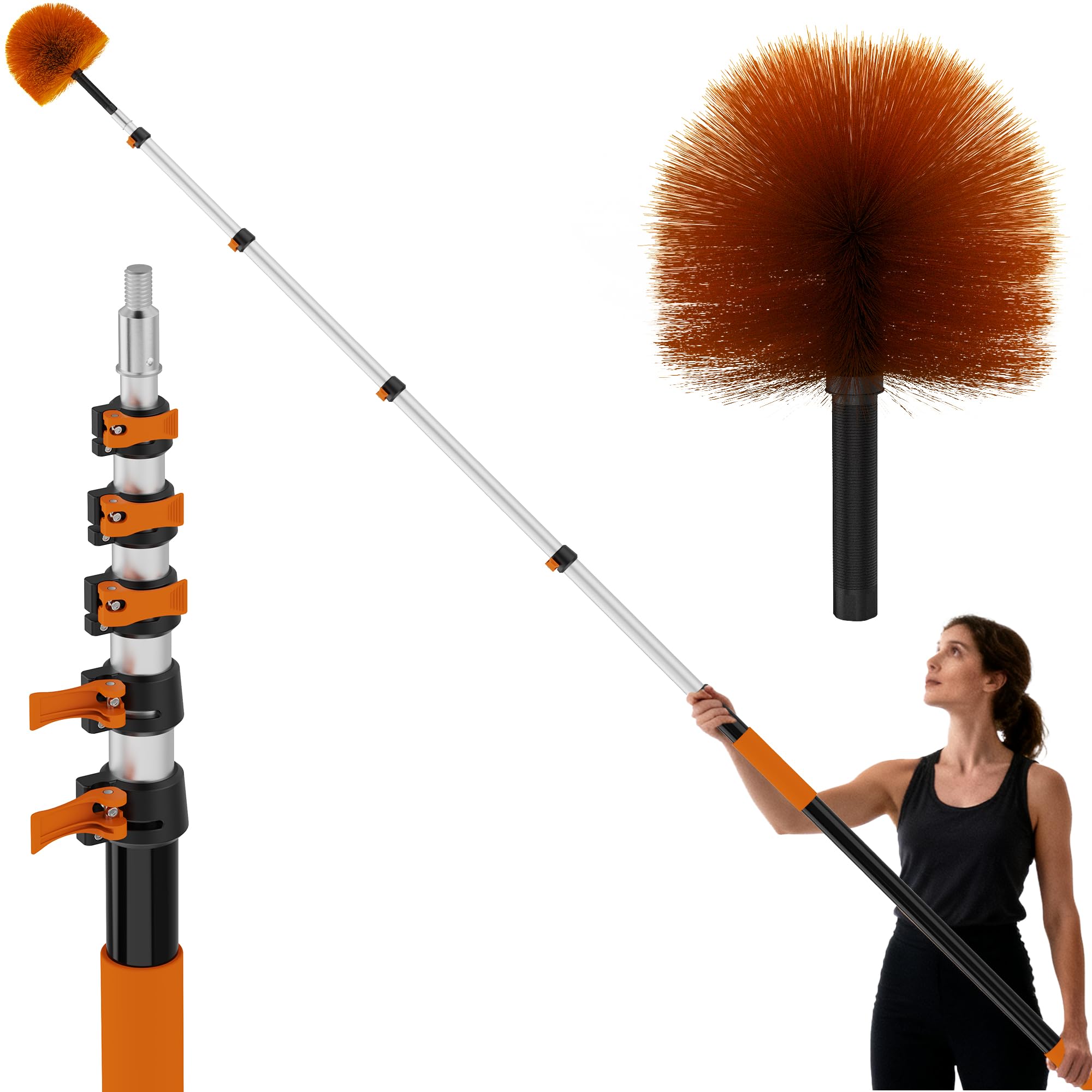 TONYINGO 26 FT Reach Cobweb Duster with 5-20FT Telescoping Pole, Dual Action Flip-Lock & Screw Fixing Design, Washable Reusable Duster for High