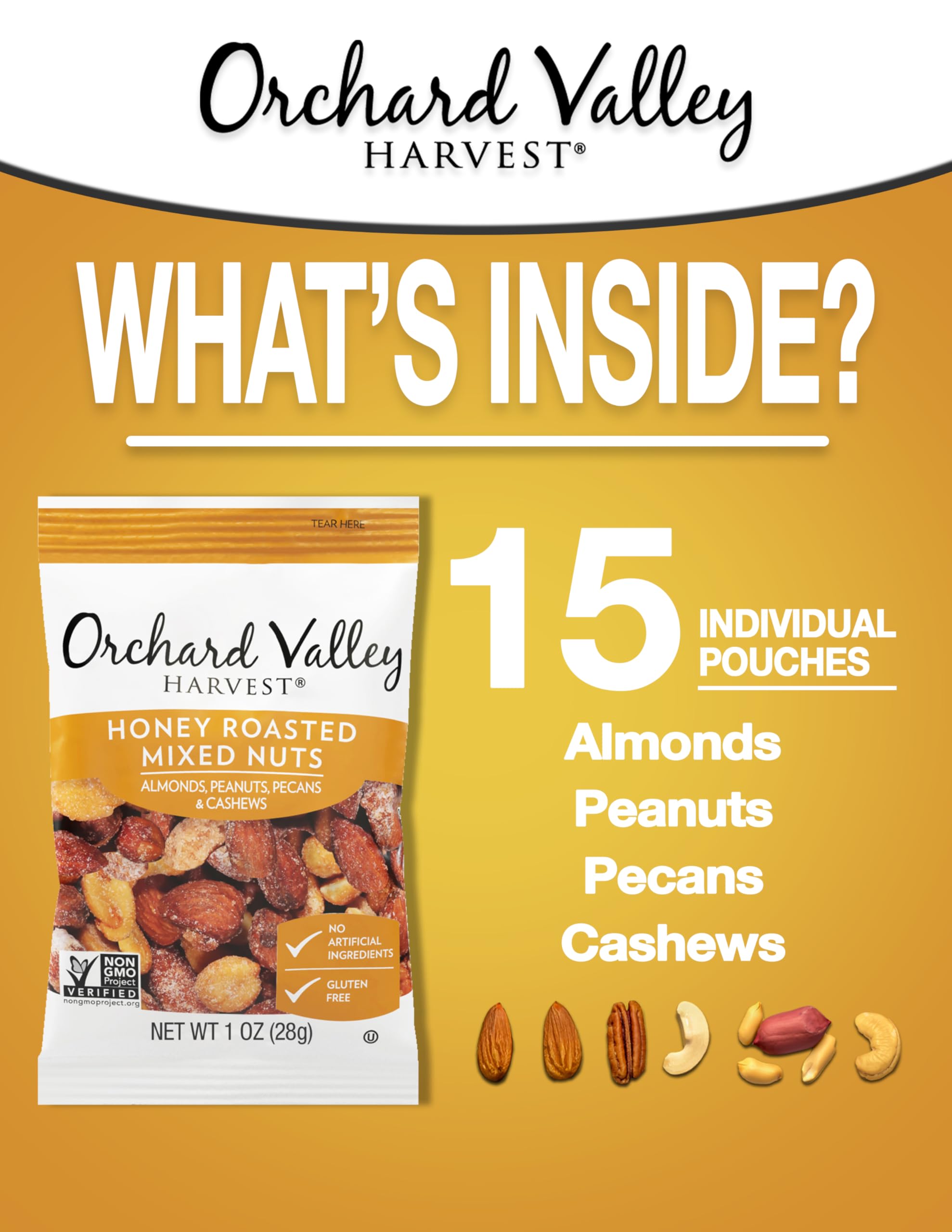 Orchard Valley Harvest Honey Roasted Mixed Nuts, 1 Ounce Bags (Pack of 15), Almonds, Peanuts, Pecans, and Cashews, Gluten Free, Non-GMO, No Artificial
