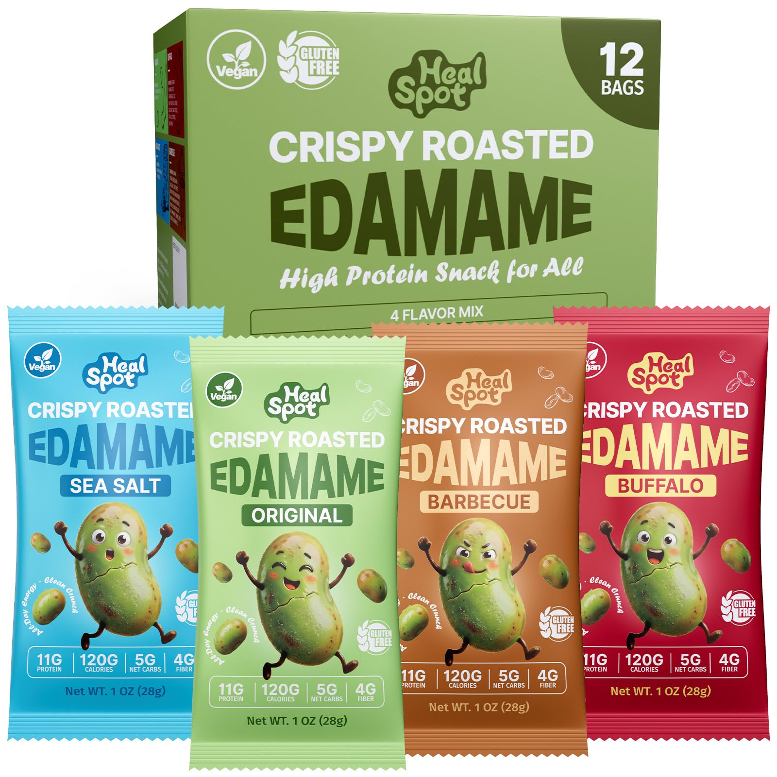 Healspot Edamame Beans 11g High Protein Snacks, Crunchy, Low Carb|High Fiber|NON-GMO|Reduced Sodium Snacks Roaseted Edamame, Healthy Snacks for adults