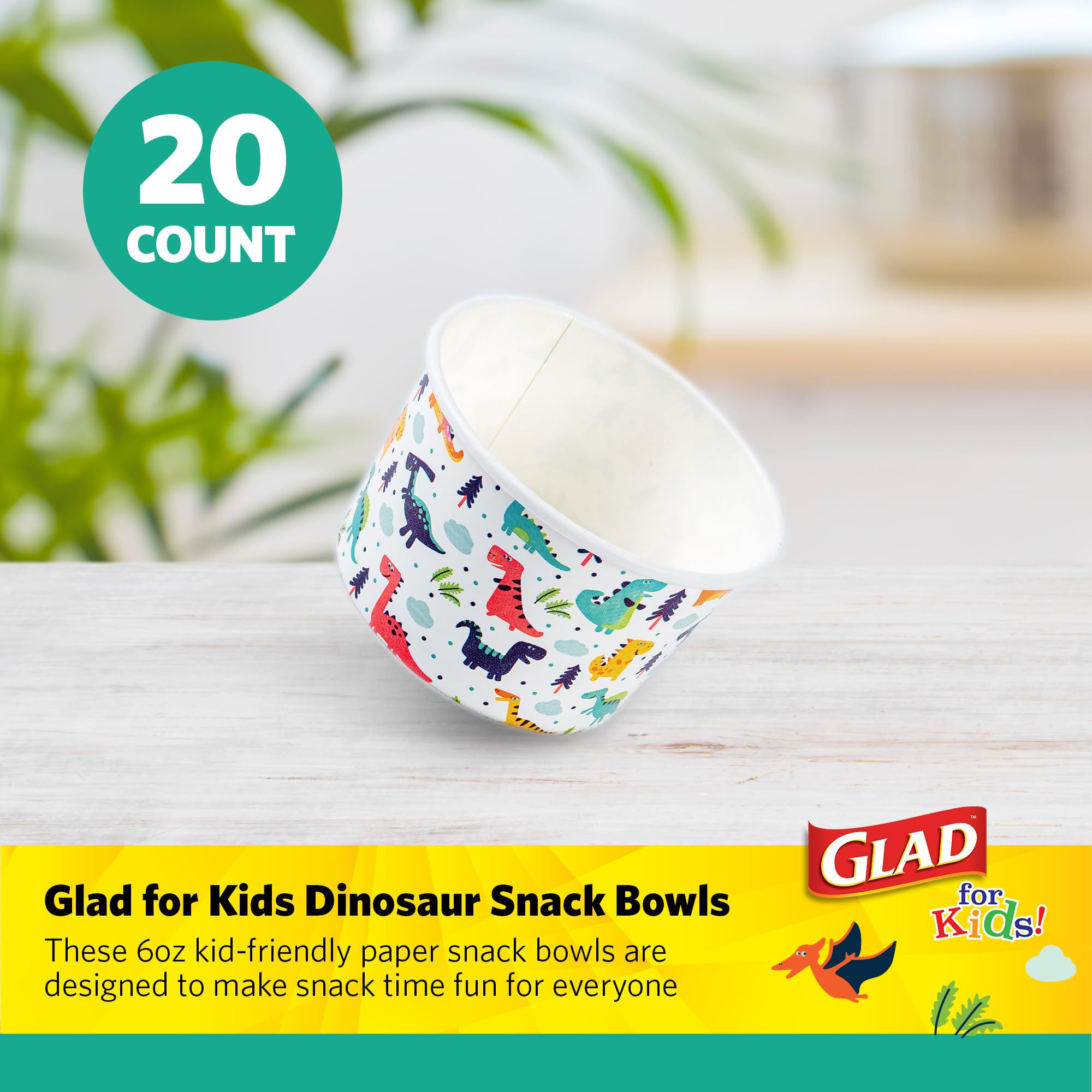 Glad for Kids Mini Dinosaurs Paper Snack Bowls, Colorful Heavy Duty Microwave Safe Disposable Bowls for Soup, Ice Cream, and Snacks, Lids Not