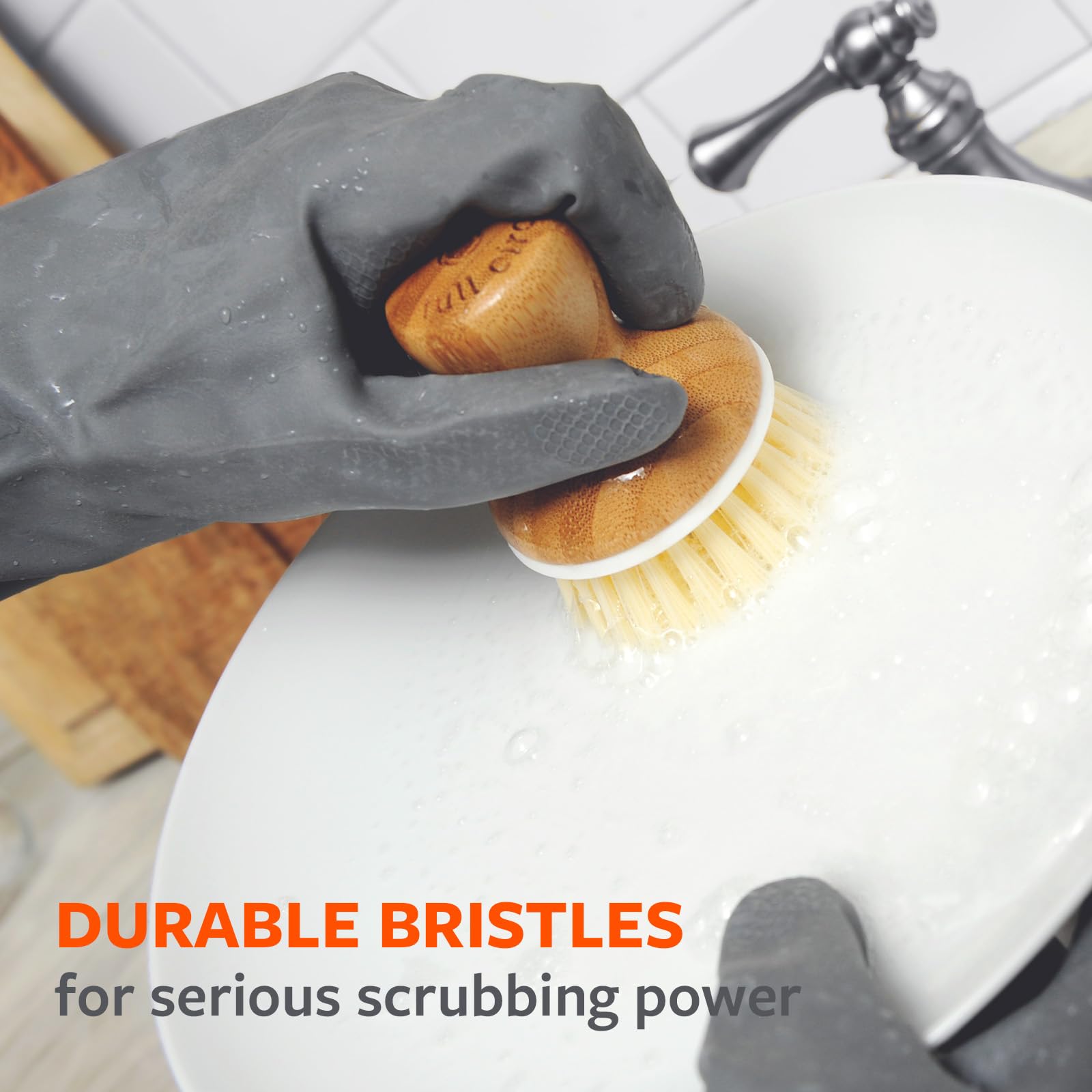 Full Circle Bubble Up Bamboo Dish Brush & Ceramic Soap Dispenser - Family Safe, Formaldehyde-Free - Kitchen Scrub Brush for Dishes, Nonstick & Cast