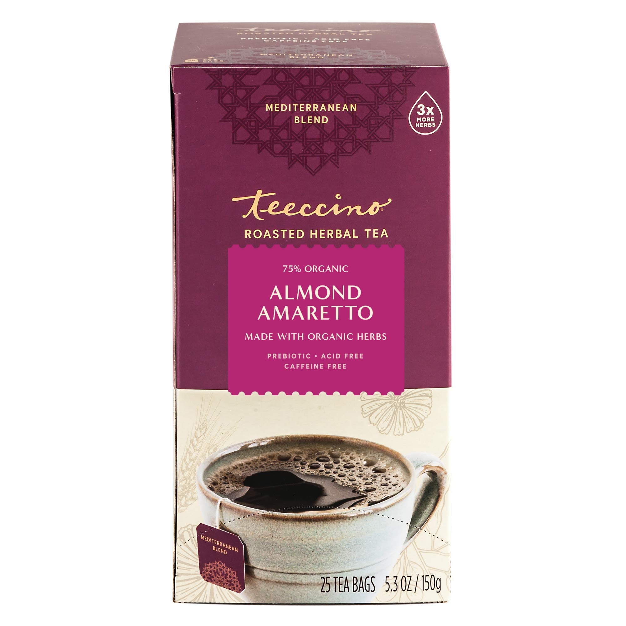 Teeccino Almond Amaretto Herbal Tea - Rich & Roasted Herbal Tea That's Caffeine Free & Prebiotic for Natural Energy, 25 Tea Bags (3 Pack)