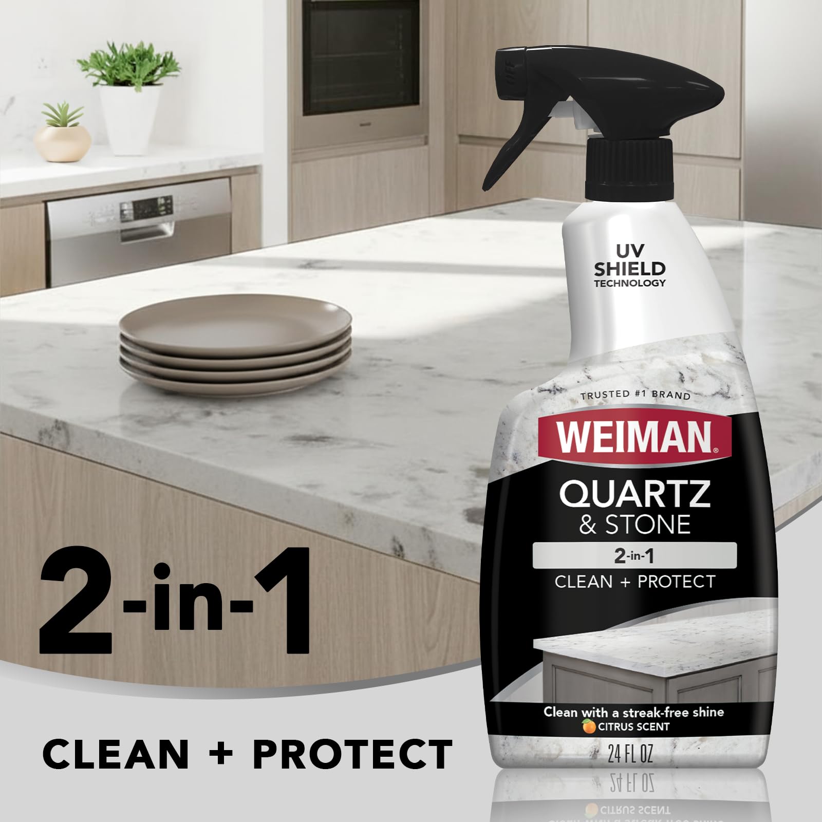 Weiman Quartz Countertop Cleaner and Polish - Clean and Shine Your Countertops Islands and Stone Surfaces with UV Protection, 24 Ounce with MicroFiber
