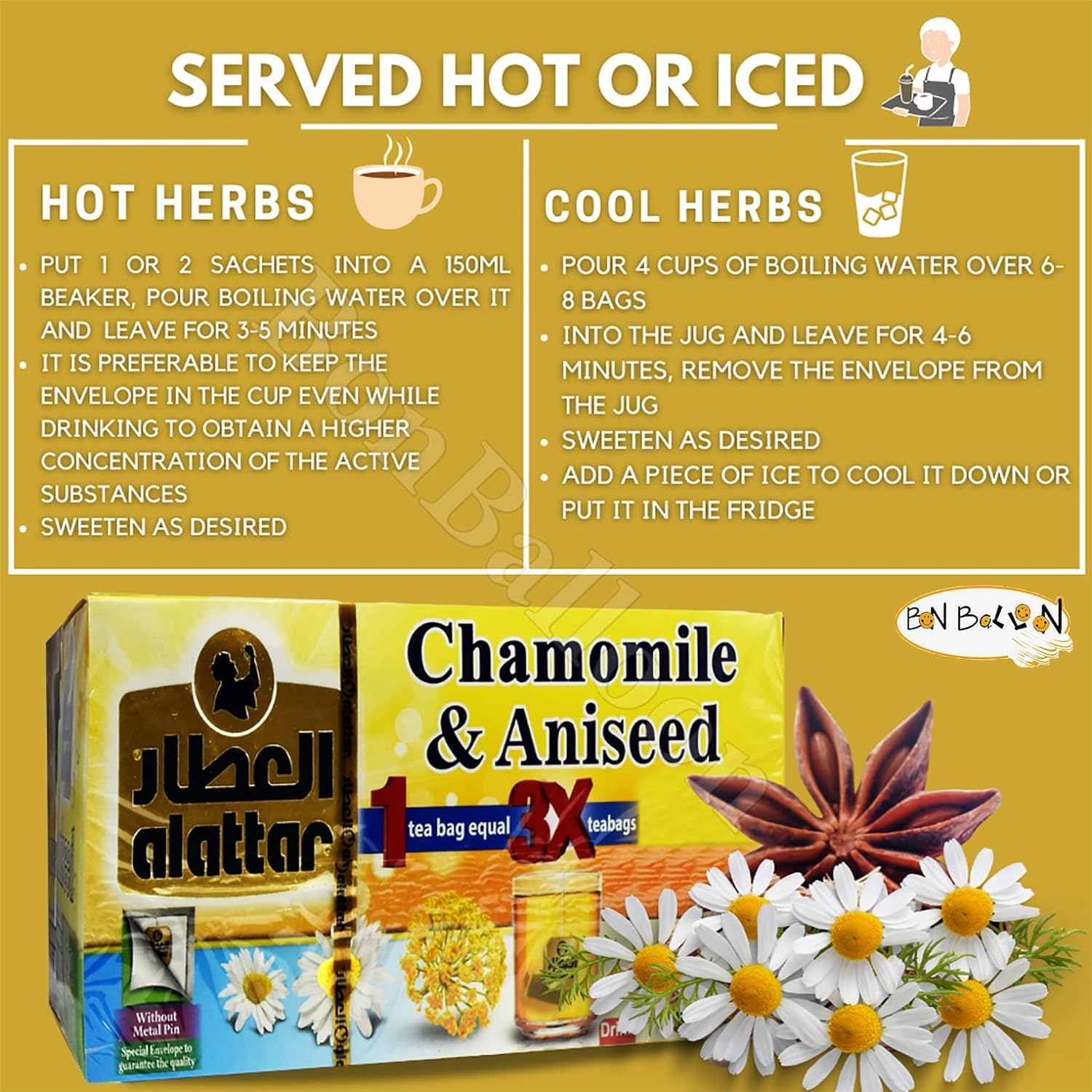 Egyptian Dried Premium AlAttar Chamomile & Anise Tea (20 Tea Bags Chamomilla Anis Aniseed) Al Attar Herbal Herb Herbs Natural Oriental Arabic Non Gmo