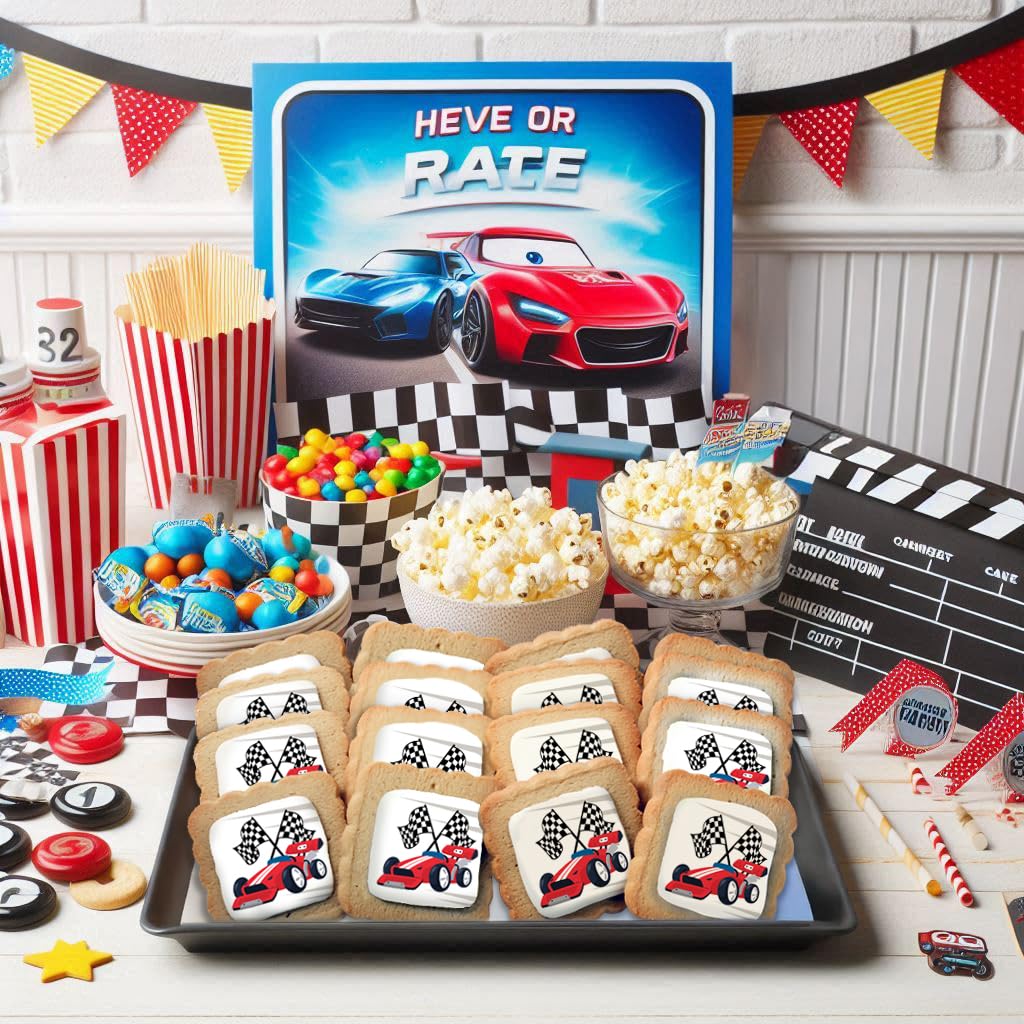 Race Car Themed Cookies Party Favors | Individually Wrapped 24 Pack Bulk | for Kids Birthday Treats | Red Black White Raceway Race Track Black White