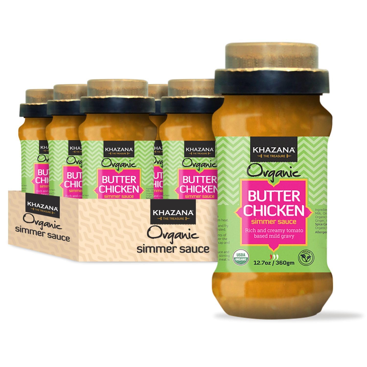 Khazana ORGANIC Butter Chicken Simmer Sauce - 6 x 12.7oz Jars | Non-GMO, Vegan, Gluten-Free, Kosher | Authentic Indian Meals Made Easy at Home!
