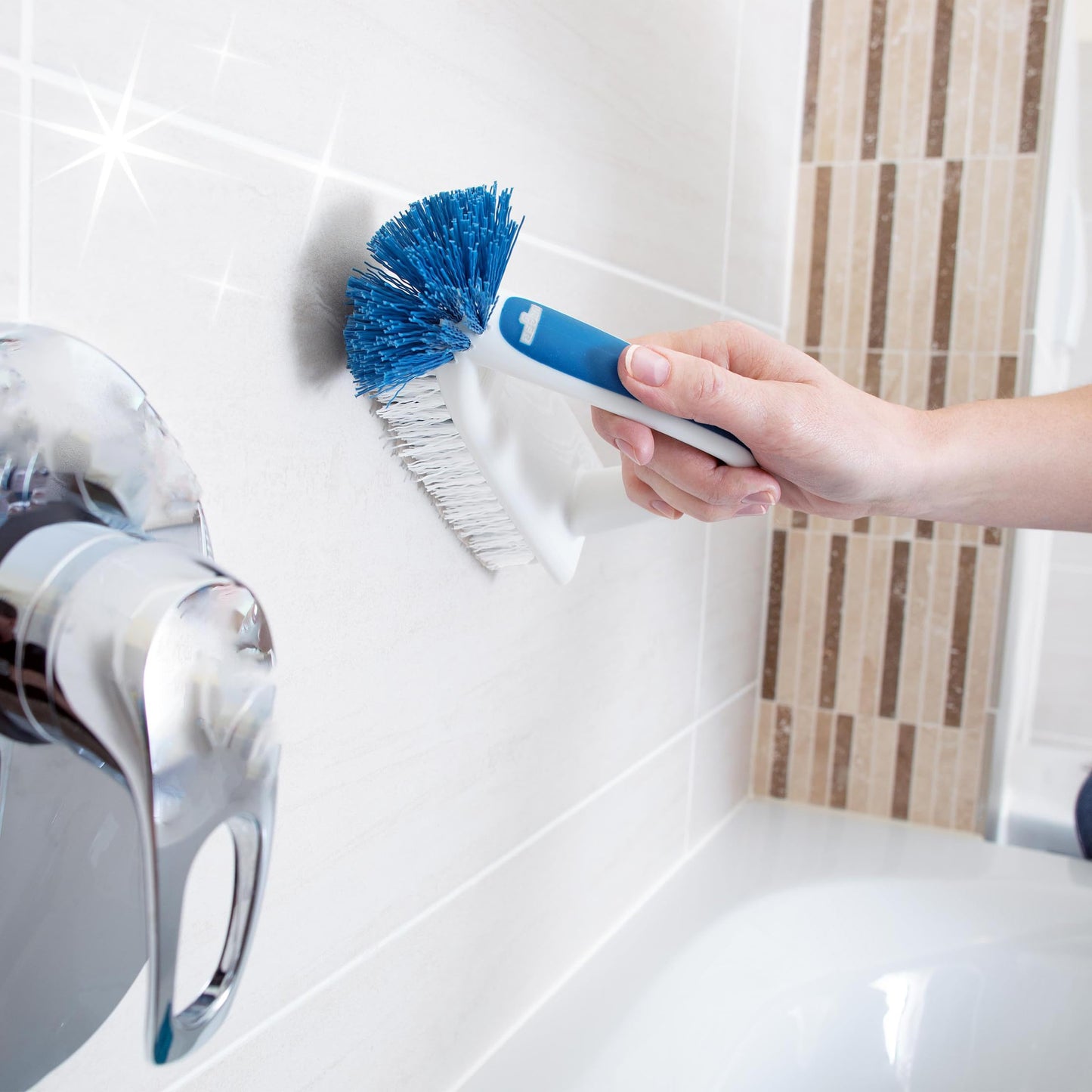Unger 2-in-1 Bath and Tile Scrubber Brush Tool, Crevice Cleaning Supplies, Dishwasher Safe, Rounded Bristles for Bathroom Scrubbing, Great for Tile
