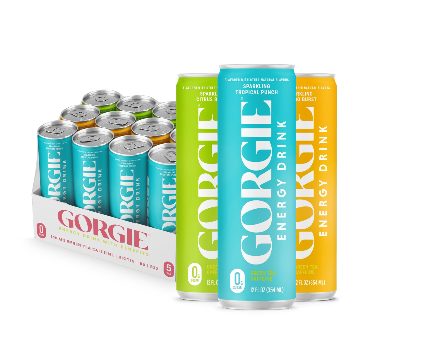 GORGIE Tropical Variety, Sugar-Free Natural Energy Drink Sparkling, Healthy Energy Drinks - Green Tea, Biotin, B Vitamins -150mg Caffeine, Vegan