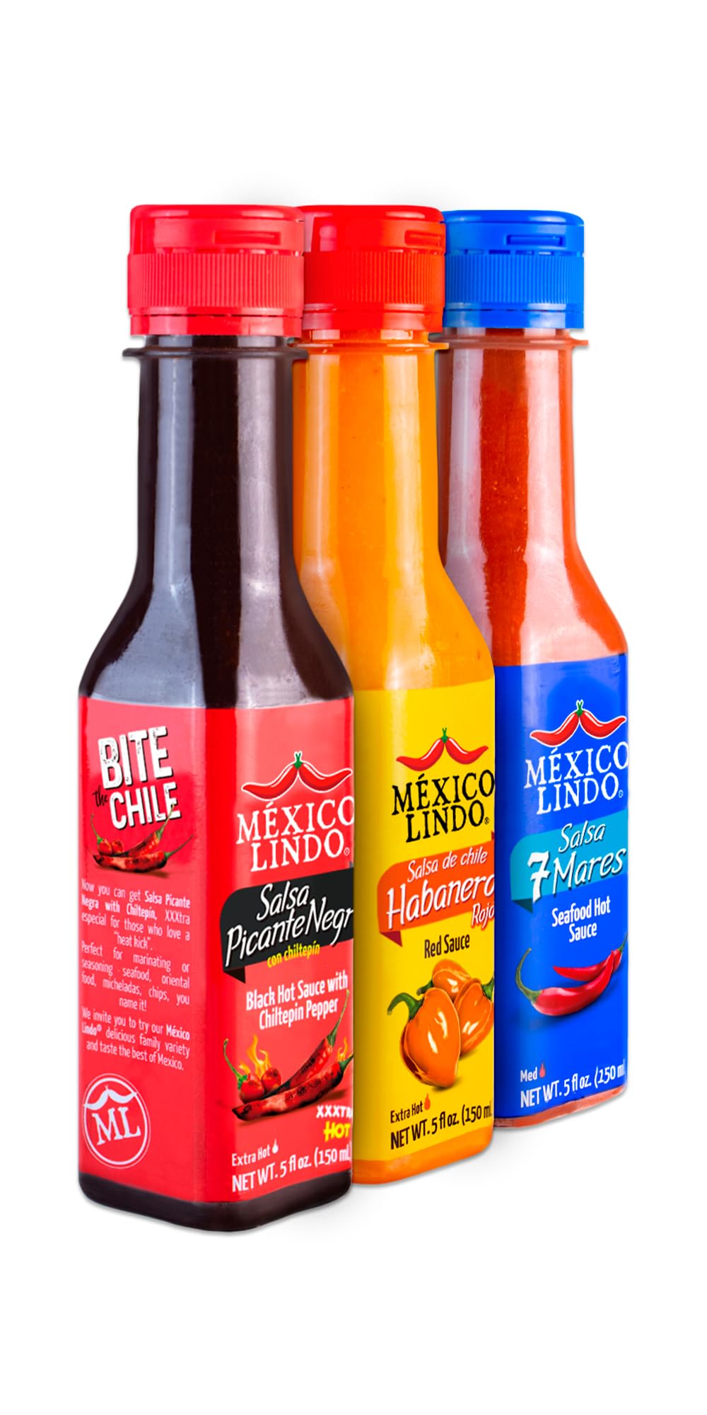 Mexico Lindo Tripack Best Flavors, Habanero Red, 7 Mares, & Picante Negra Xxxtra Hot Sauces, 5 Fl Oz Bottles (Pack of 3)