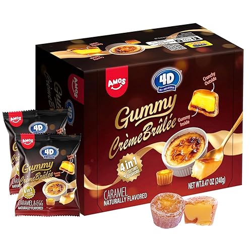 Amos 4D Creme Brulee Gummy Candy, Caramel Flavored Soft Chewy Gummies, Individually Wrapped On The Go Snacks, 8.47 oz (240g)