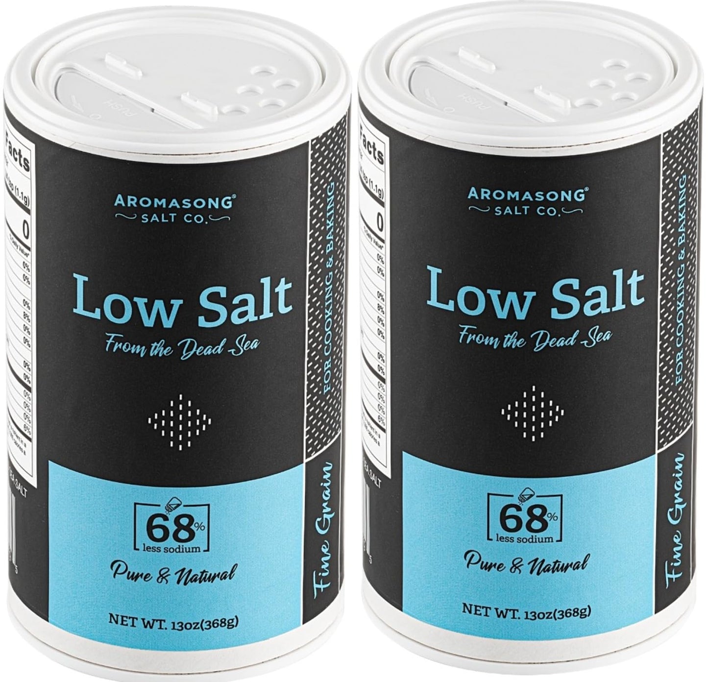 Aromasong Low Sodium Sea Salt 13 OZ. | 2-Pack | Saltshaker 100% Natural Fine Grain Dead Sea Potassium Chloride with Dead Sea Salt.