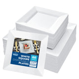 60 Plastic Square Plates for Party - 30 Dinner 9.5" & 30 Salad 6.5" White Heavy Duty Disposable Plates Set Reusable - Fancy Elegant Decorative Sturdy
