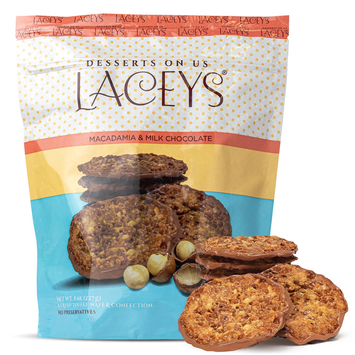 Laceys Gourmet Cookies | Light and Crispy Delicious Cookies | Handcrafted by Desserts On Us (8 Ounce, Macadamia & Milk Chocolate)