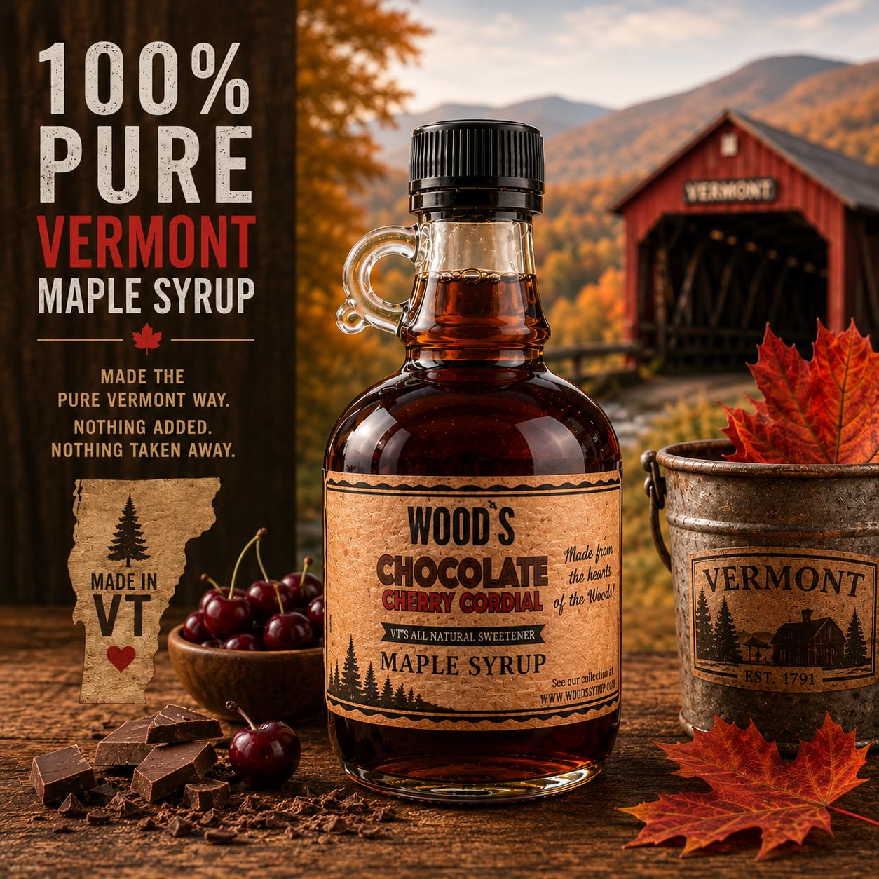 WOOD'S Chocolate Cherry Cordial Infused Maple Syrup - Decadent Vermont Maple Syrup with Dark Cocoa & Succulent Cherries | Small-Batch, All-Natural