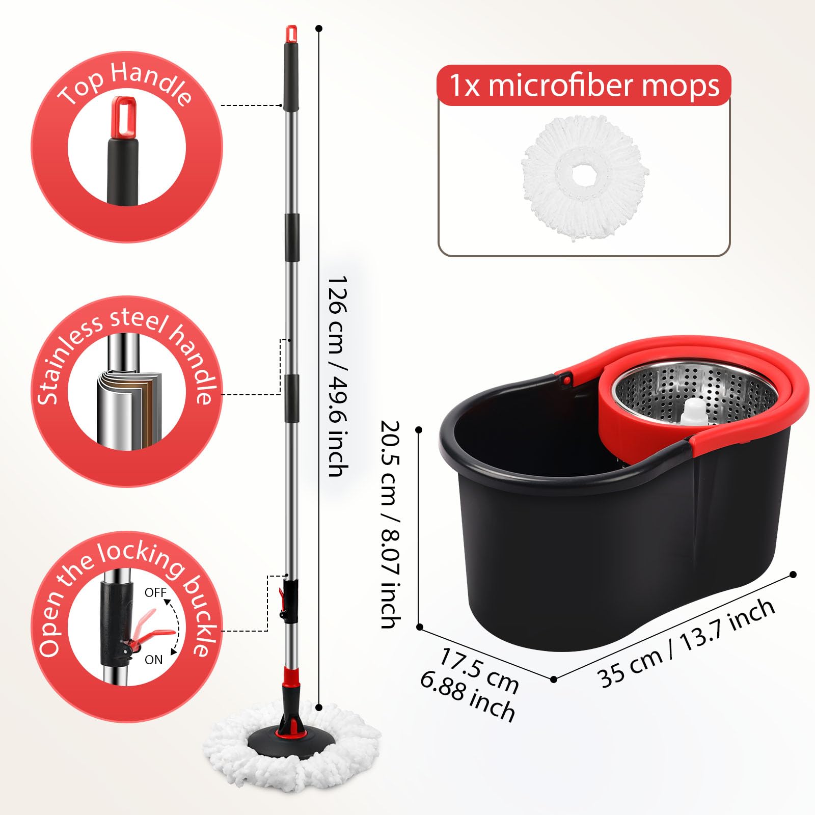 Spin Mop and Bucket, Mop and Bucket with Wringer Set for Home, 360 Spinning Mop Bucket Floor Cleaning Tool with One Microfiber Mop Replacement Head