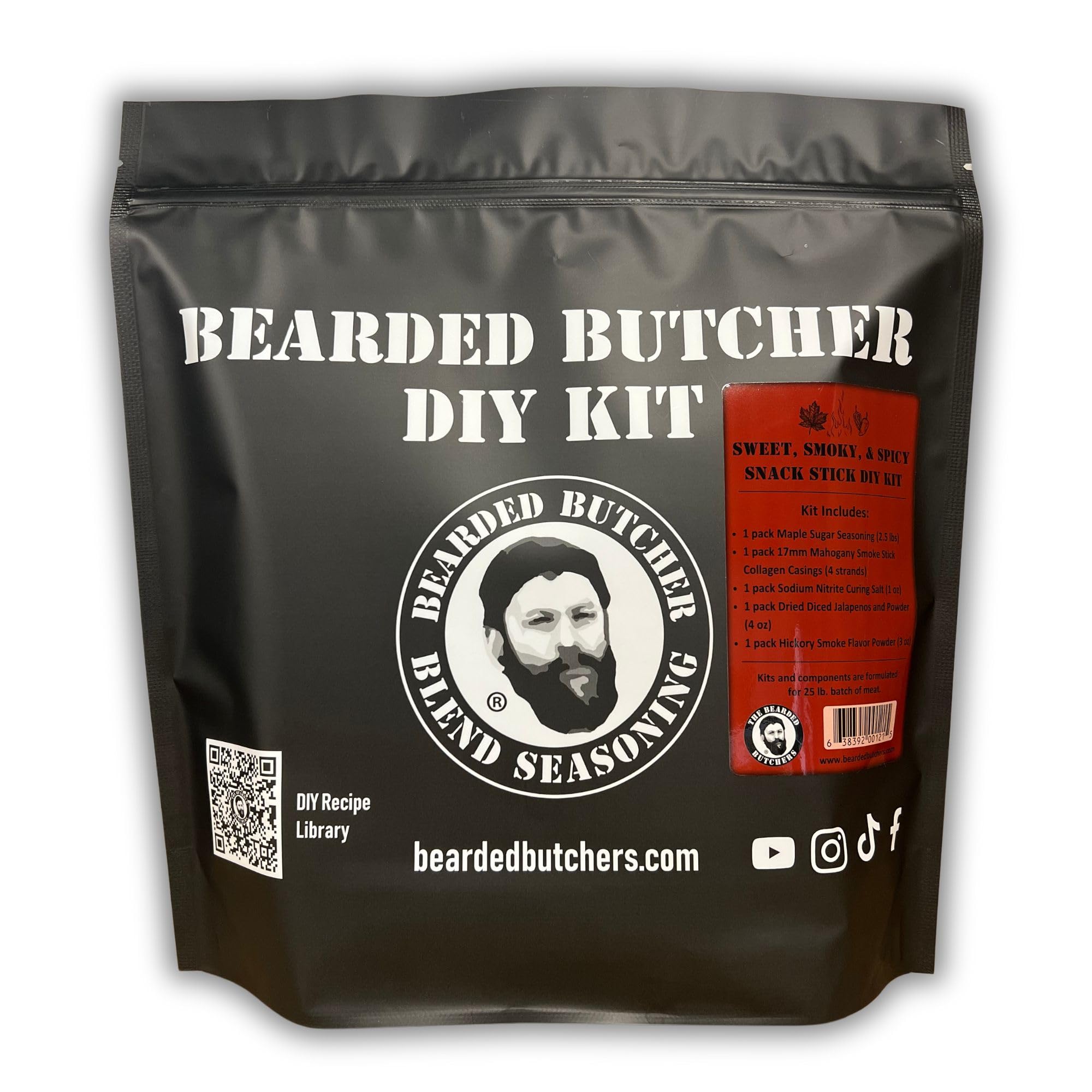 Bearded Butchers Sweet, Smoky & Spicy Snack Stick DIY Kit - Make 25 lbs of Homemade Snack Sticks - Includes Maple Sugar, Hickory Smoke, Jalapeño