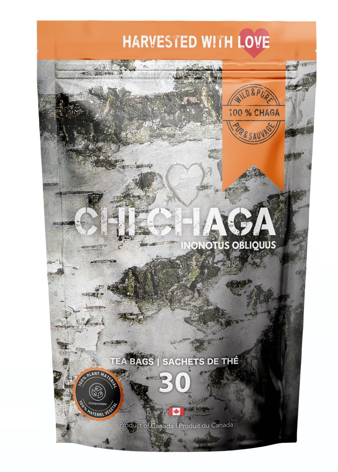 Premium Chaga Mushroom - 30 Tea Bags of 100% Wild Harvested Canadian Chaga Tea