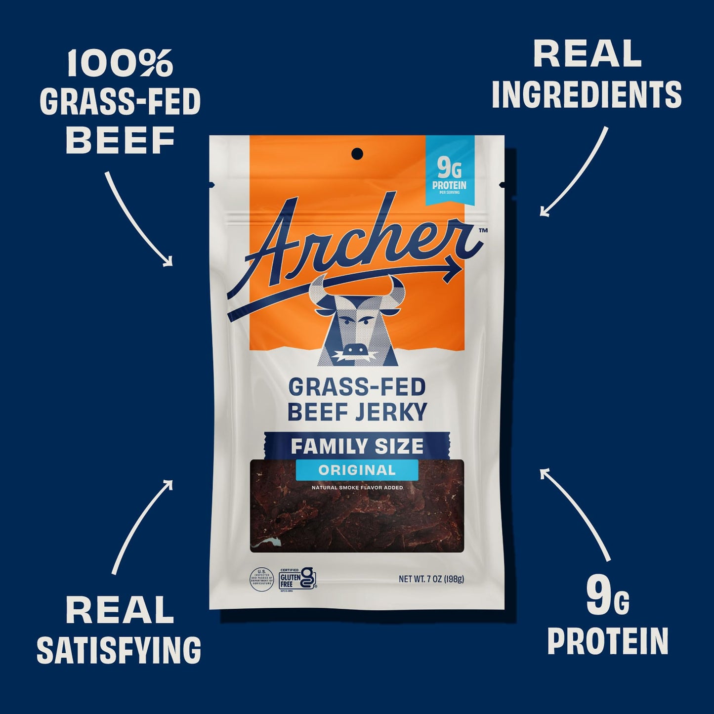 Archer Jerky Grass Fed Beef Jerky - Beef Snack Bags Bulk, Individual Packs, Protein Snack, Gluten Free, No Nitrates, Natural Ingredients - Original