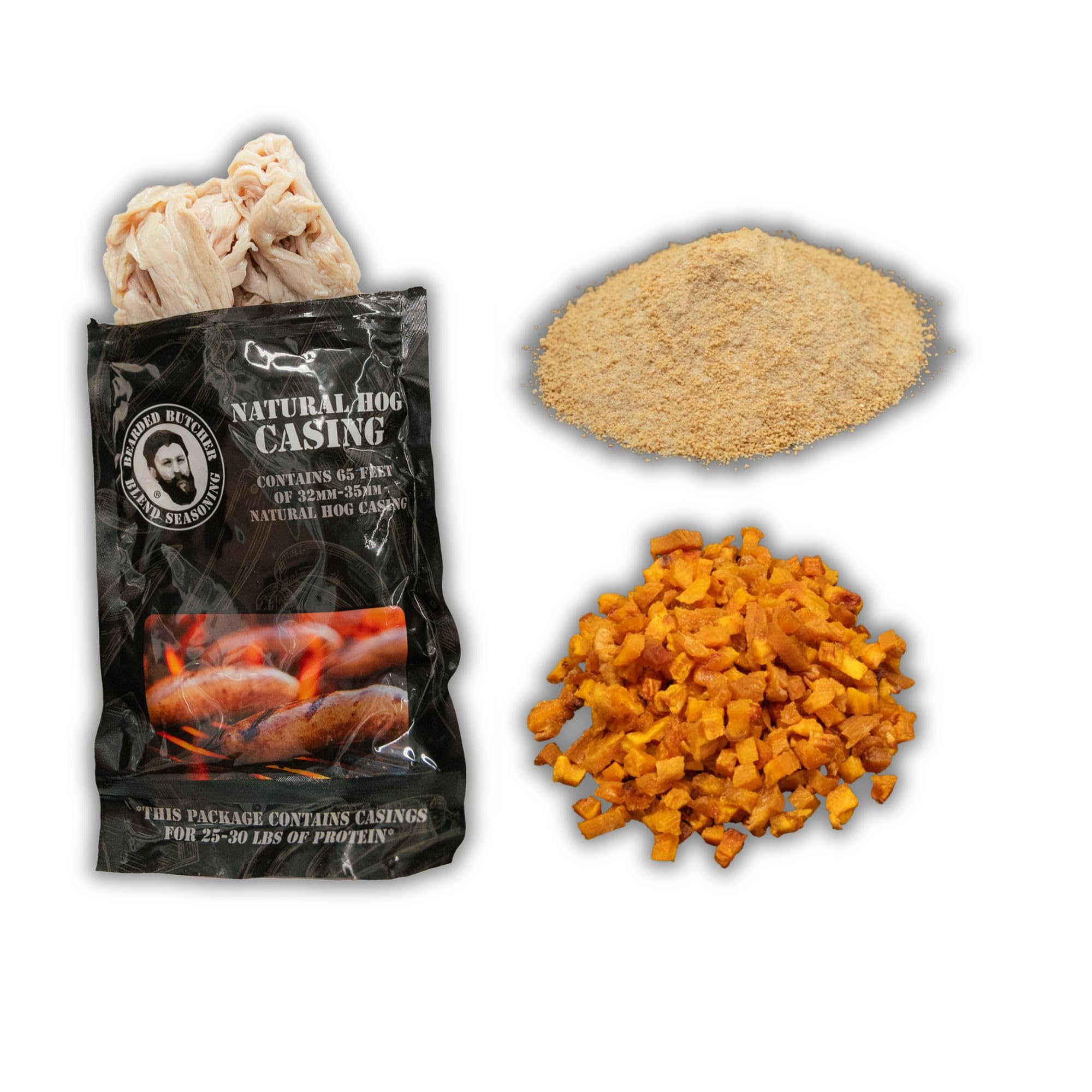 Bearded Butchers Southern Peach Bratwurst DIY Kit - Sweet & Savory Brats - Includes Maple Seasoning, Diced Peaches & 32mm-35mm Natural Hog Casings