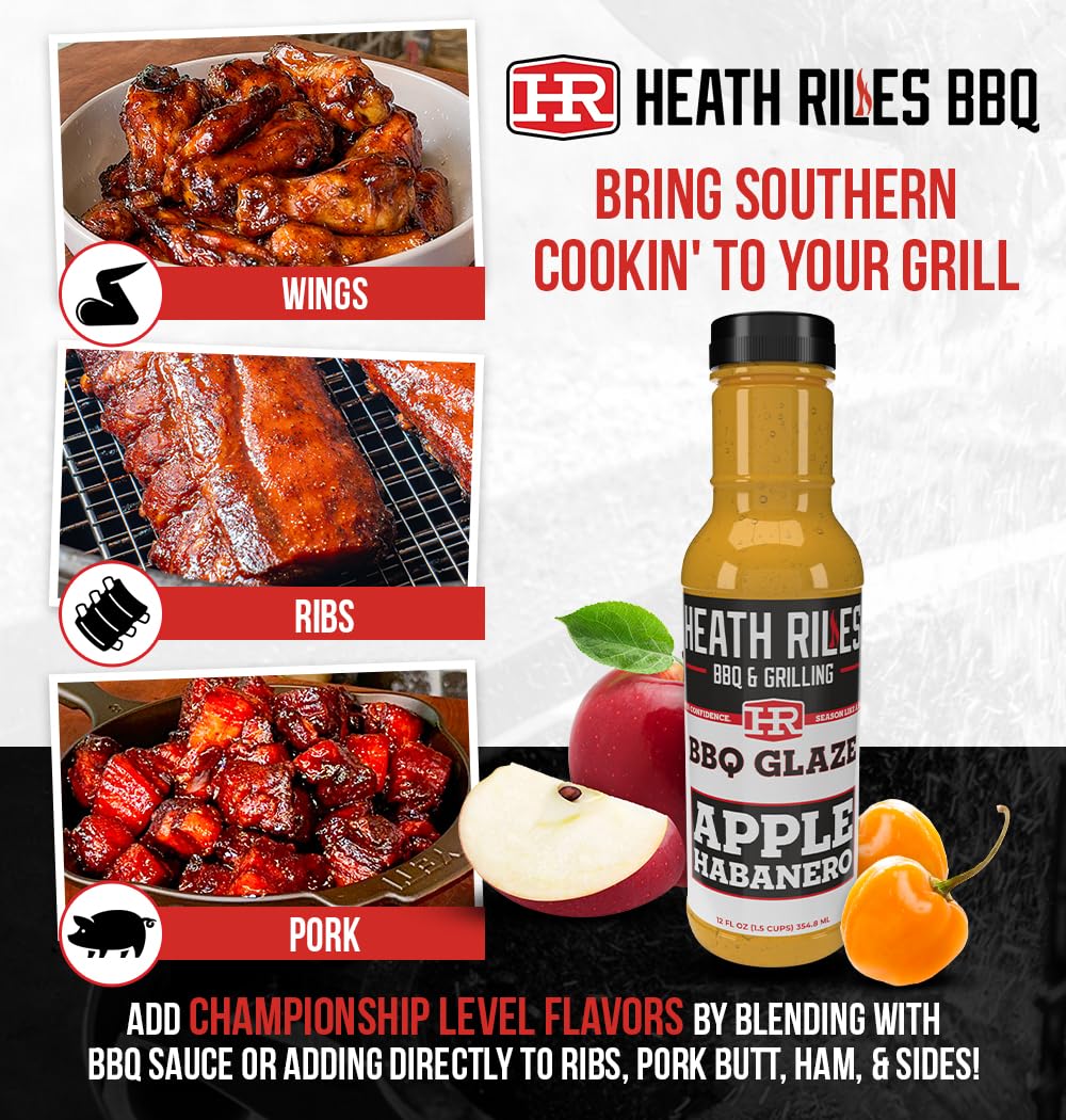 Heath Riles BBQ Apple Habanero BBQ Glaze - Apple BBQ Sauce, Sweet & Spicy Rib Glaze for Pork Butt, Ham Glaze or Ribs - 80+ BBQ Championships, 12 oz
