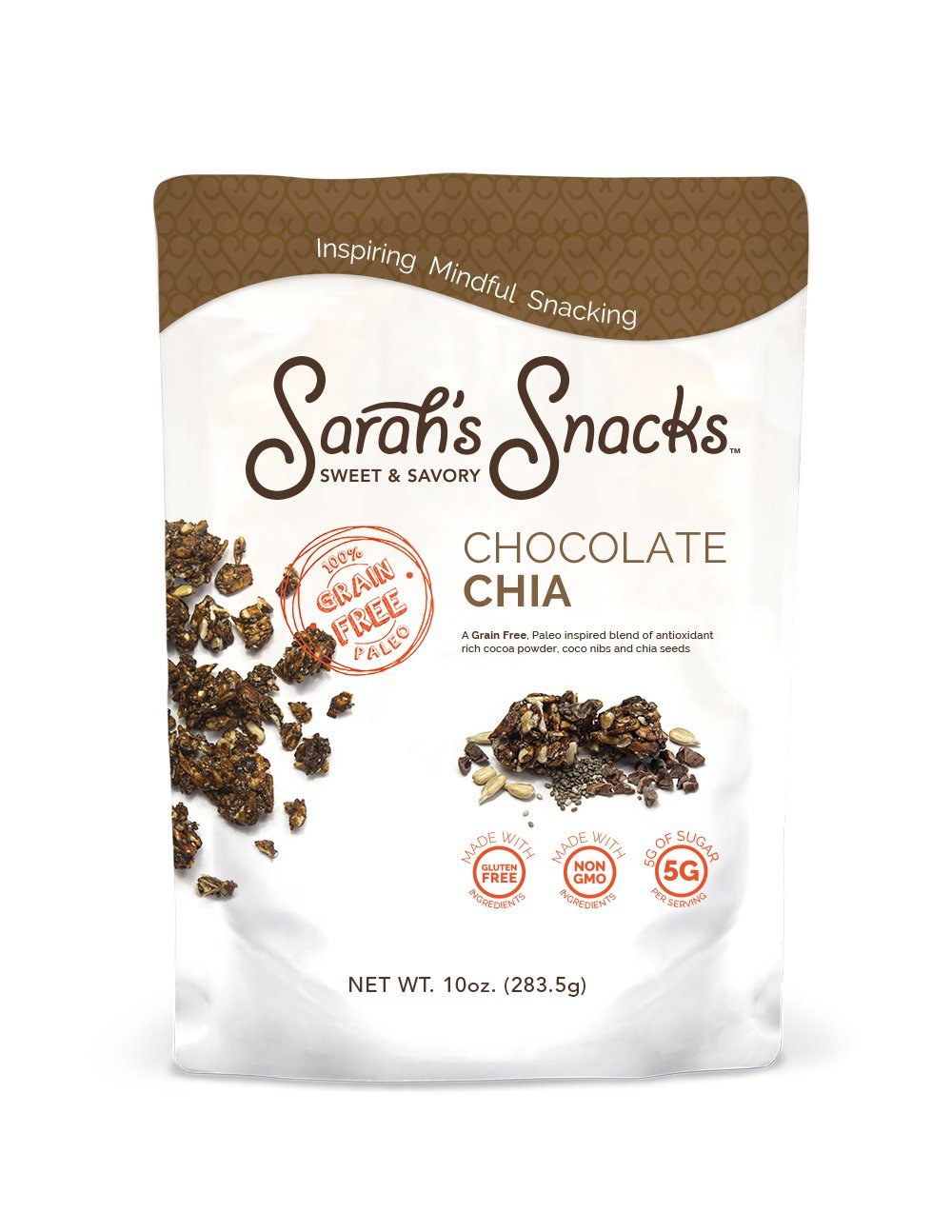 Sarah's Snacks Chocolate Chia Grain Free Granola | Paleo | Low Carb | No Refined Sugar | Gluten Free | Vegan | Dietitian Formulated | 10 oz Bag (Pack