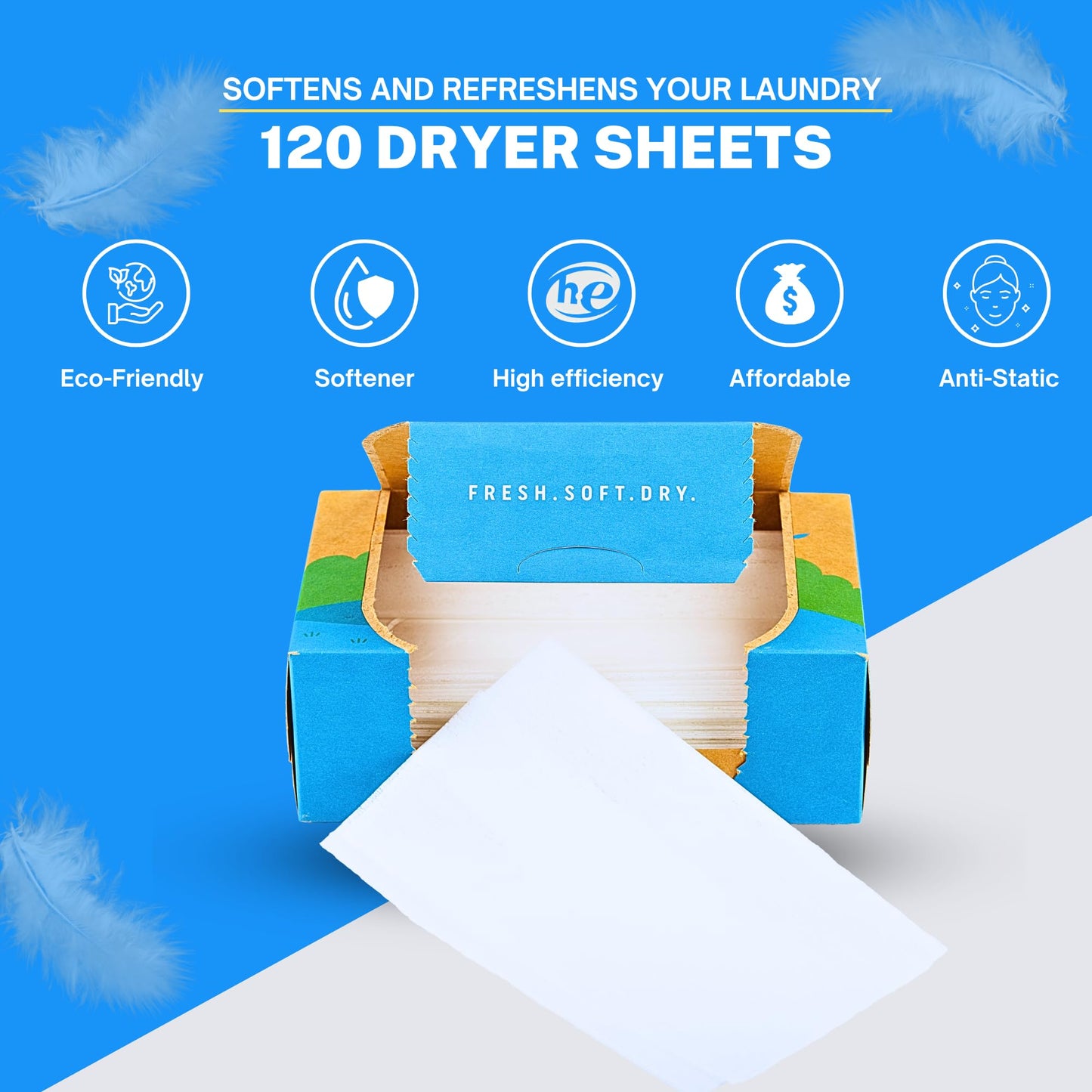 Greenseedz Dryer Sheets, 120 Count, Softens, Reduces Static & Freshens Laundry, Plastic-Free, Works with All Fabrics