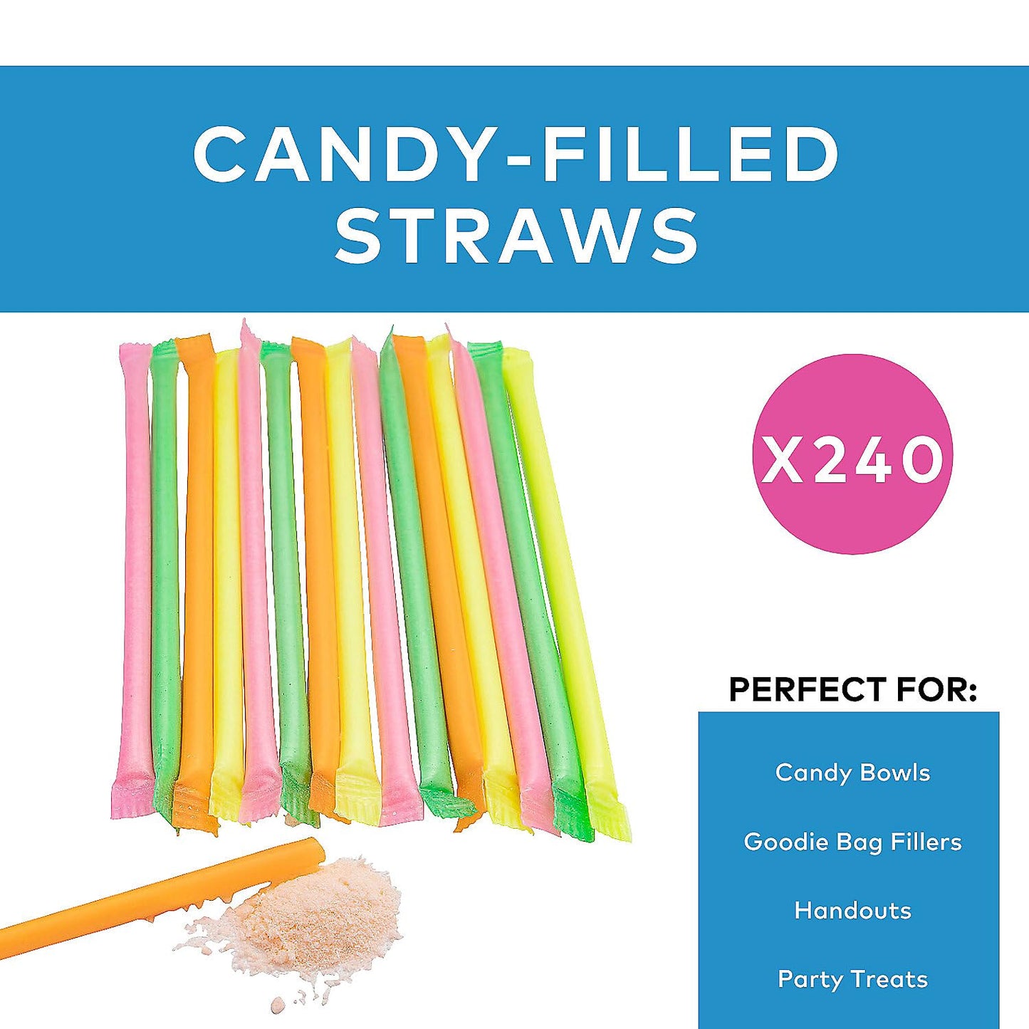 Candy Filled Sugar Straws - Bulk 240 Powder sticks - Party Candy in Assorted Colors