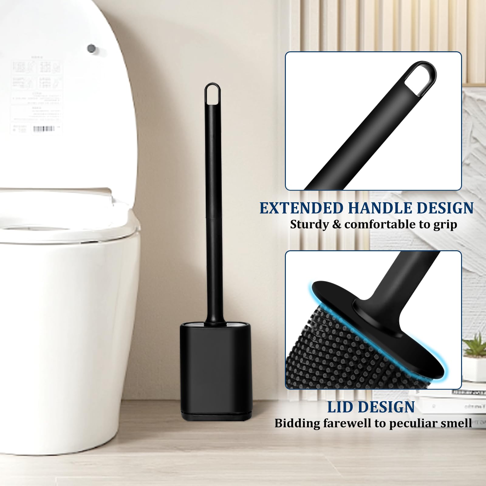 Silicone Toilet Brush and Holder Set, Toilet Brushes with Ventilated Holder, Wall Mounted Toilet Bowl Brush with Long Handle Bendable Brush Head