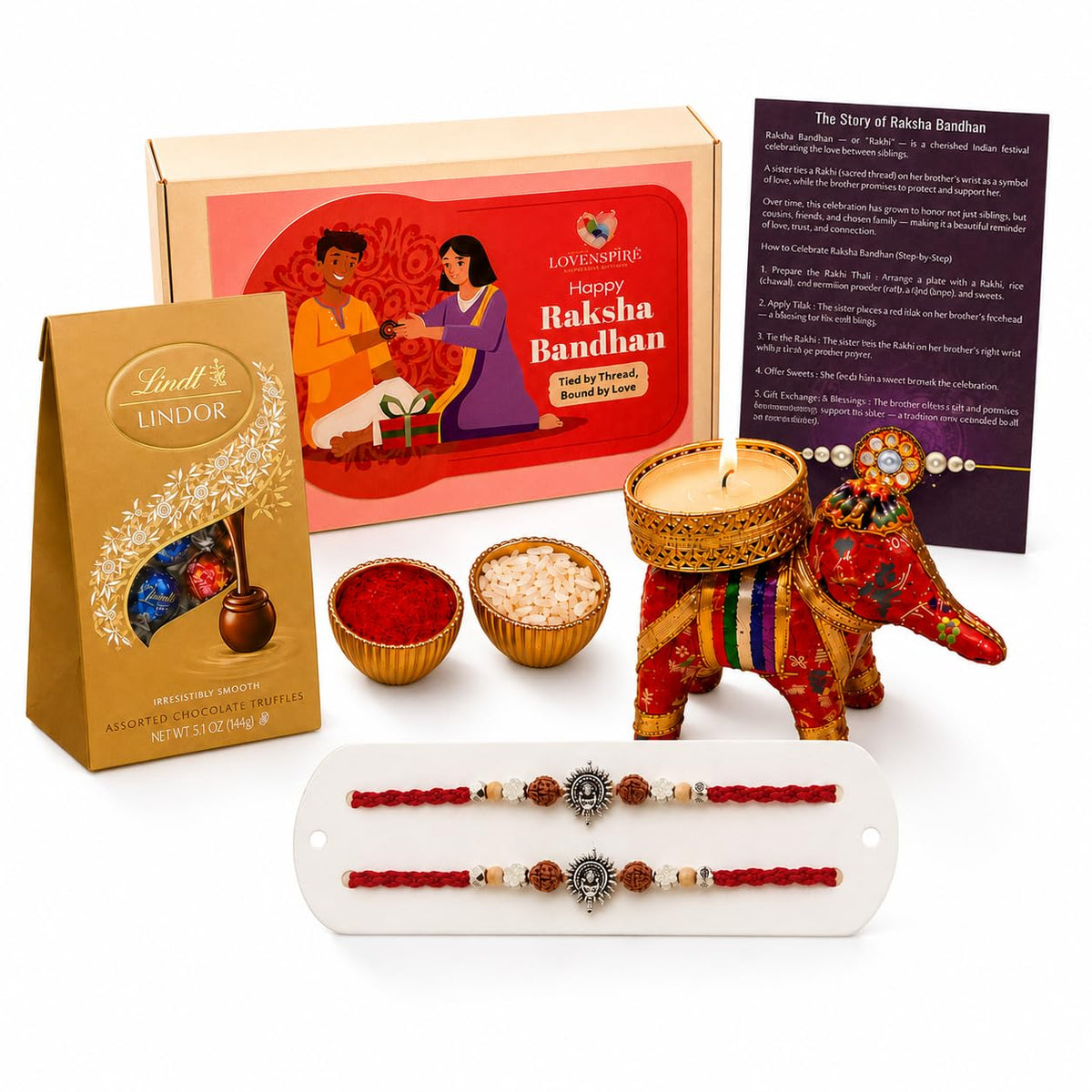 LOVENSPIRE Designer Ganesha Rakhi Gift Hamper for Brother & Bhabhi - Includes 2 Adjustable Rakhi Bracelets, Decorative Haldi Kumkum Holder