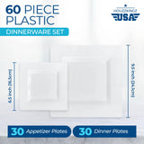 60 Plastic Square Plates for Party - 30 Dinner 9.5" & 30 Salad 6.5" White Heavy Duty Disposable Plates Set Reusable - Fancy Elegant Decorative Sturdy