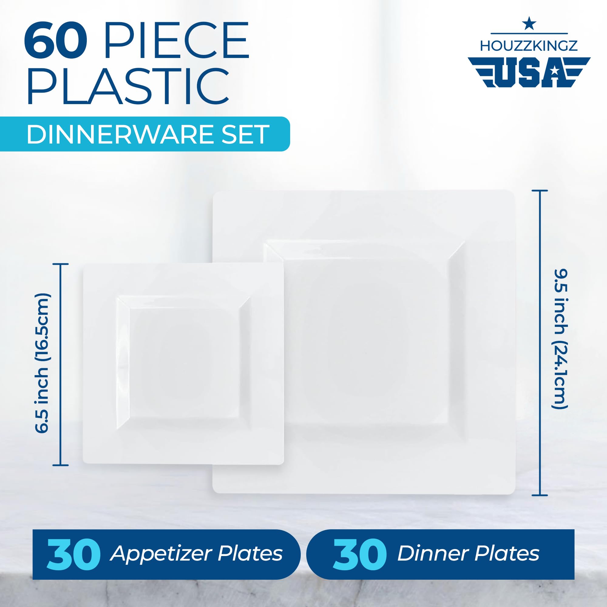 60 Plastic Square Plates for Party - 30 Dinner 9.5" & 30 Salad 6.5" White Heavy Duty Disposable Plates Set Reusable - Fancy Elegant Decorative Sturdy