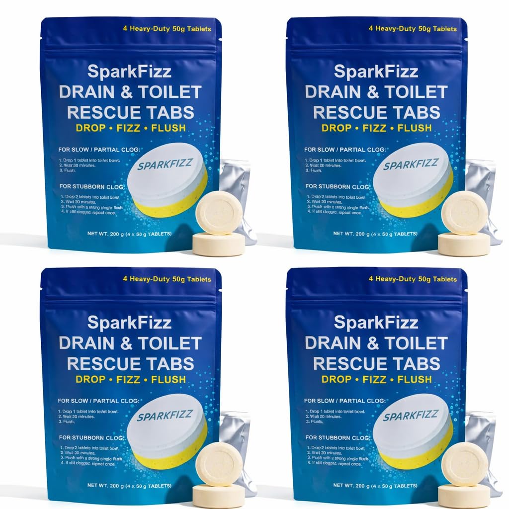SparkFizz Toilet & Drain Cleaning Tablets - Powerful Foaming Cleaner - Removes Odor & Buildup - Septic Safe - 4/8 / 16 Count (1)