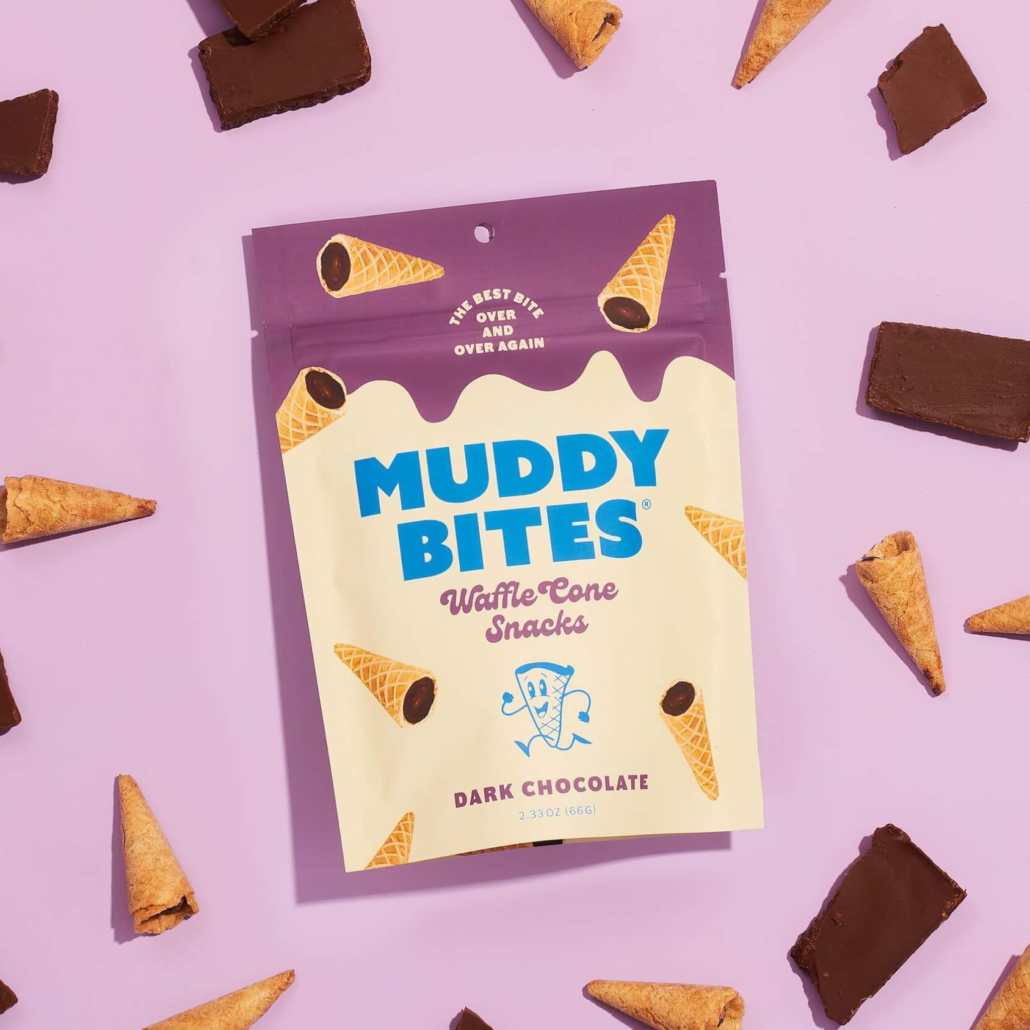 Muddy Bites - Dark Chocolate - Waffle Cone Snack Bite Sized Filled Cone Bites for Snack or Dessert Made with Cane Sugar, Kosher, Fair Trade Certified