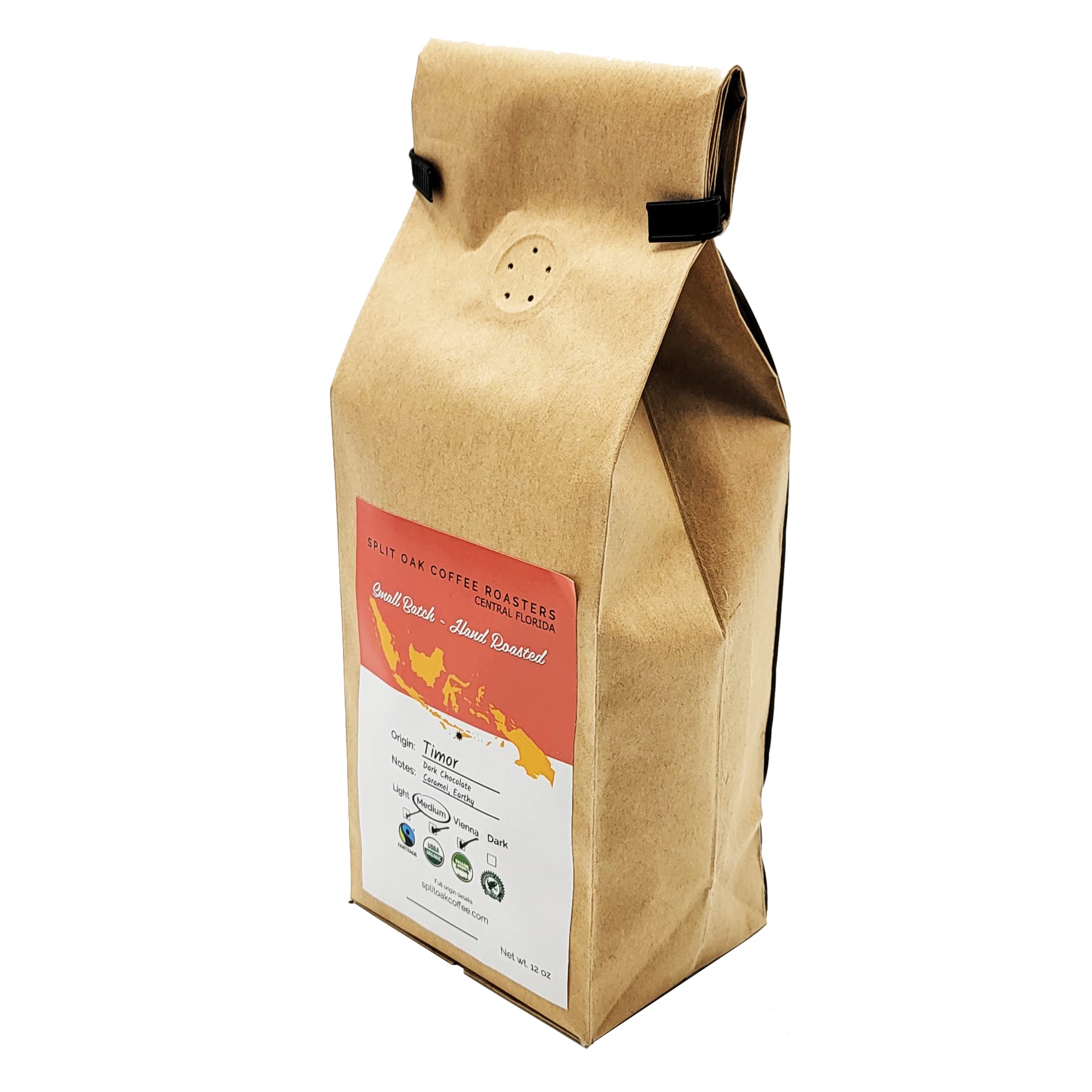 Organic Timor Whole Coffee Beans 12oz, Medium Roasted Coffee, Syrupy Notes, Dark chocolate, Fair Trade, Perfectly Balanced Taste. (Single)