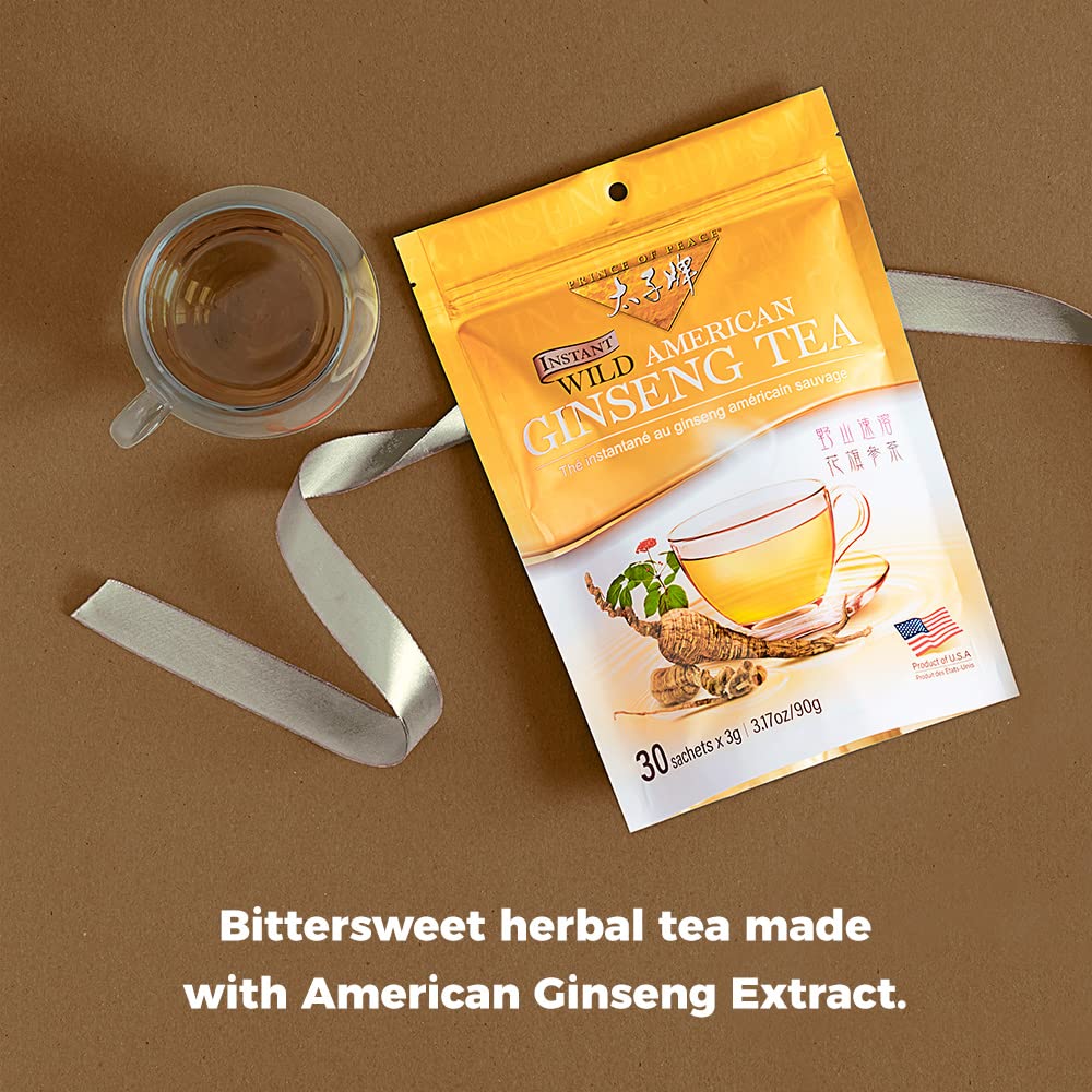 Prince of Peace Instant Wild American Ginseng Tea, 30 Sachets - Healthy Drink, Caffeine-Free Energy-Boosting, Heavy Antioxidants, Made in the USA