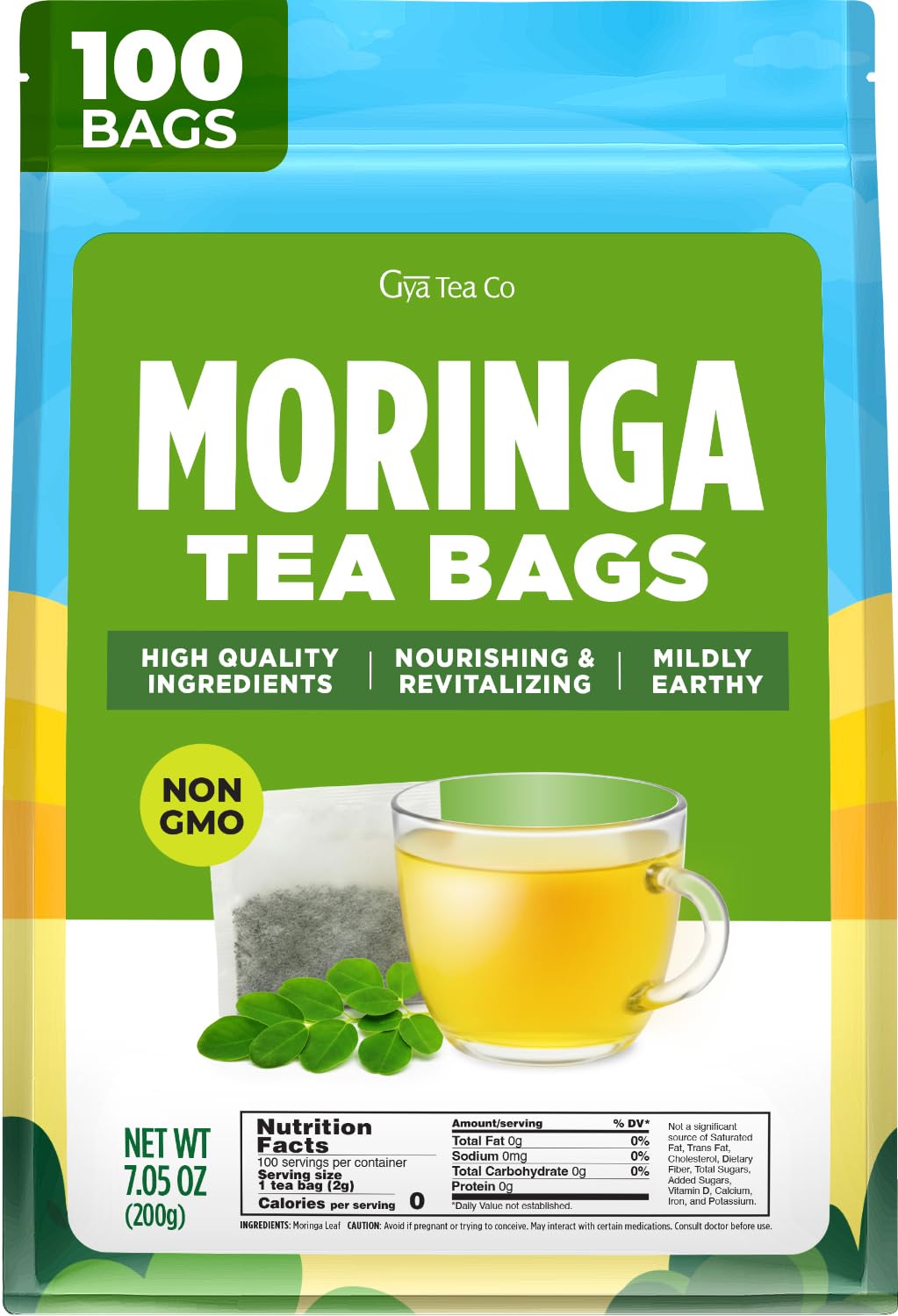 Gya Tea Co Moringa Tea (100 Bags) - Caffeine Free Natural Herbal Tea for Energy, Digestion - Made with Miracle Tree Moringa Leaves - Non-GMO, No