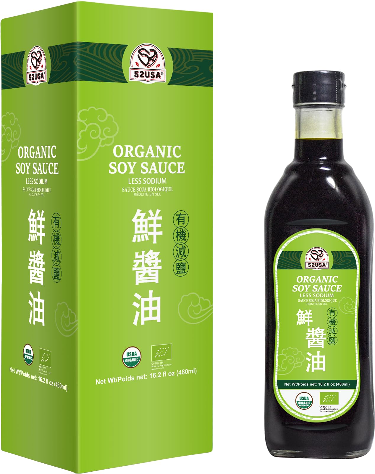 52USA Organic Soy Sauce Low Sodium, 16.2oz(480ml), USDA Organic, Naturally Brewed Dark Soy Sauce, Pure Ingredients, Marinade for Marinating Fish, Meat