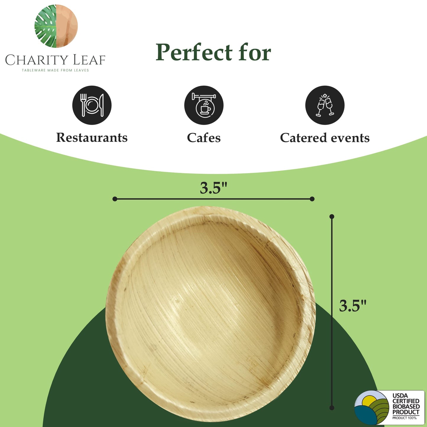 Charity Leaf Disposable Palm Leaf 3.5" Round Mini Bowl (25 pcs) Dipping Bowls | Bamboo Like| All Natural and Biodegradable | Charcuterie Boards, BBQs