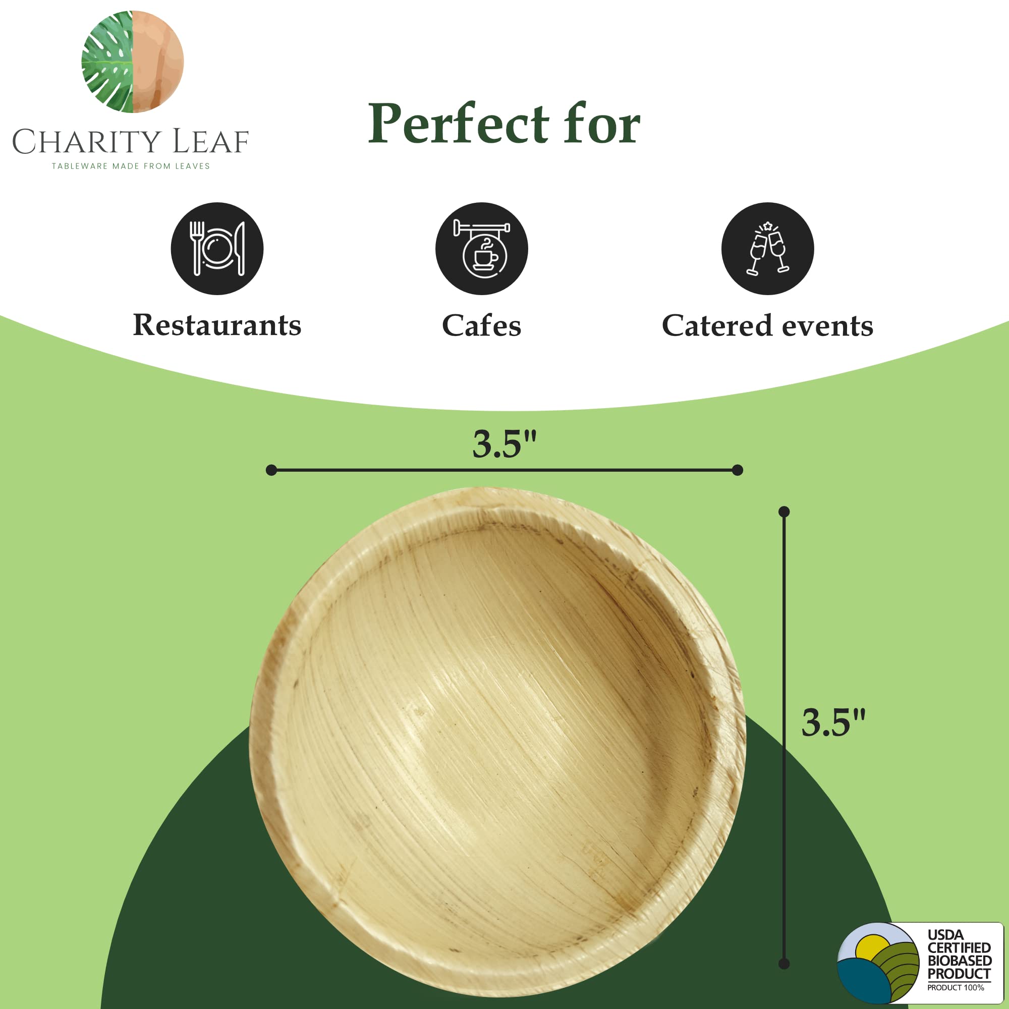Charity Leaf Disposable Palm Leaf 3.5" Round Mini Bowl (25 pcs) Dipping Bowls | Bamboo Like| All Natural and Biodegradable | Charcuterie Boards, BBQs