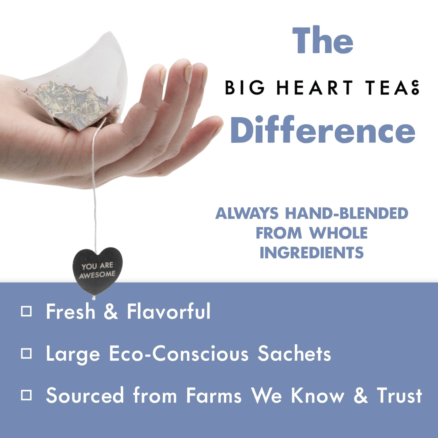 Big Heart Tea Co. Tea Bags - Minty Blue - Small Batch, Certified Organic, Ayurvedic Herbal Decaf Tea in Zero Plastic Sachets - Adaptogenic Tulsi