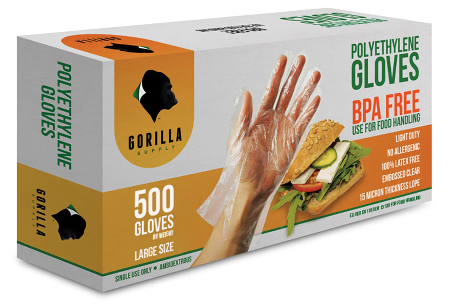 GORILLA SUPPLY 500 BPA Free Premium Disposable Gloves Poly PE LDPE Plastic for Kitchen Food Handling Food Prep Latex & Powder Free (500 Count, Large)