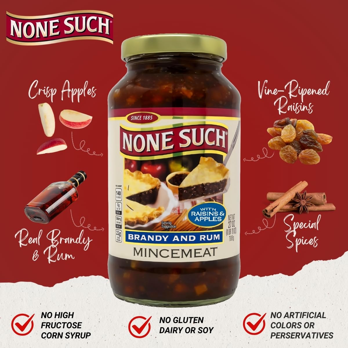 None Such Mincemeat Brandy & Rum - Pie Filling with Apples and Raisins, 27 Ounce (Pack of 1)