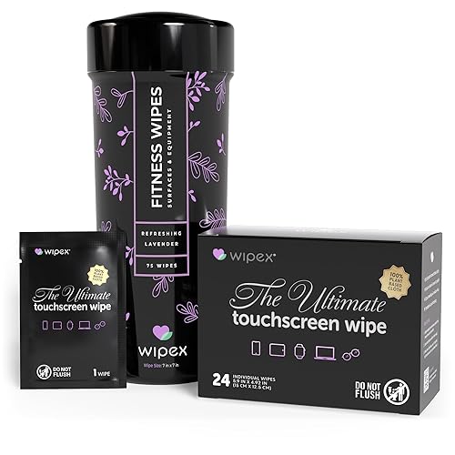 Wipex Screen Wipes & Gym Wipes Combo Pack - 75ct Gym Equipment Canister & 24ct Individually Wrapped Fitness Touch Screen Cloths, Safe for Yoga Mats