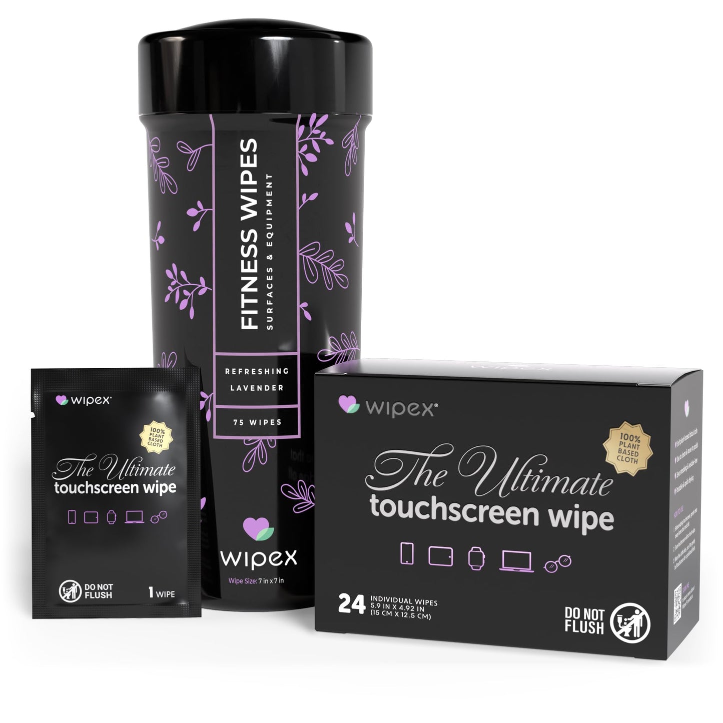 Wipex Screen Wipes & Gym Wipes Combo Pack - 75ct Gym Equipment Canister & 24ct Individually Wrapped Fitness Touch Screen Cloths, Safe for Yoga Mats