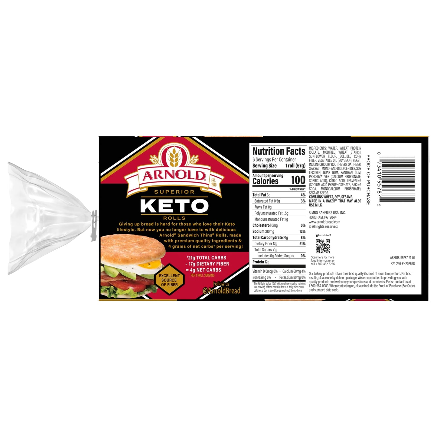 Arnold Keto White Sandwich Thins, 6 count, (2.0 oz each), Pre-sliced Sandwich Thins, 12 oz Tray
