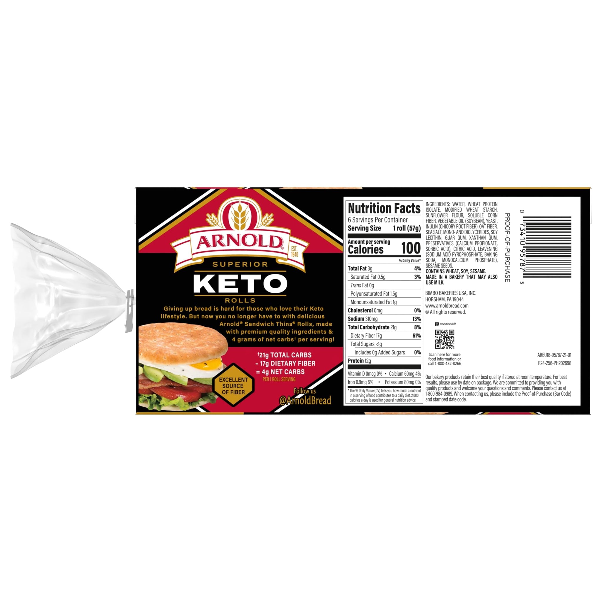 Arnold Keto White Sandwich Thins, 6 count, (2.0 oz each), Pre-sliced Sandwich Thins, 12 oz Tray